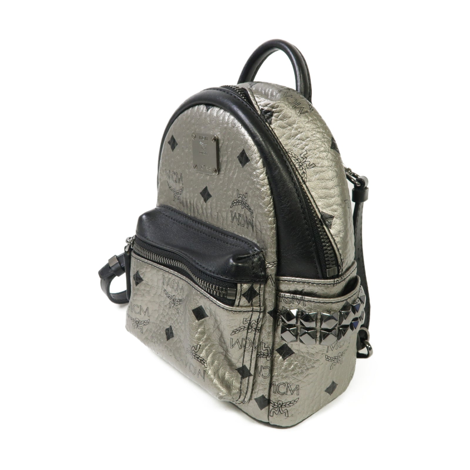 MCM 【激減優惠】牛皮皮革Backpack銀扣背包銀色黒色