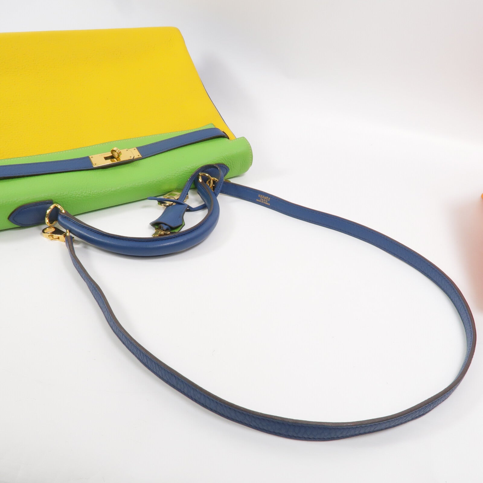 HERMES Togo皮革Kelly 35手挽肩背兩用袋Jaune/Bleu Thalassa/Vert Cru