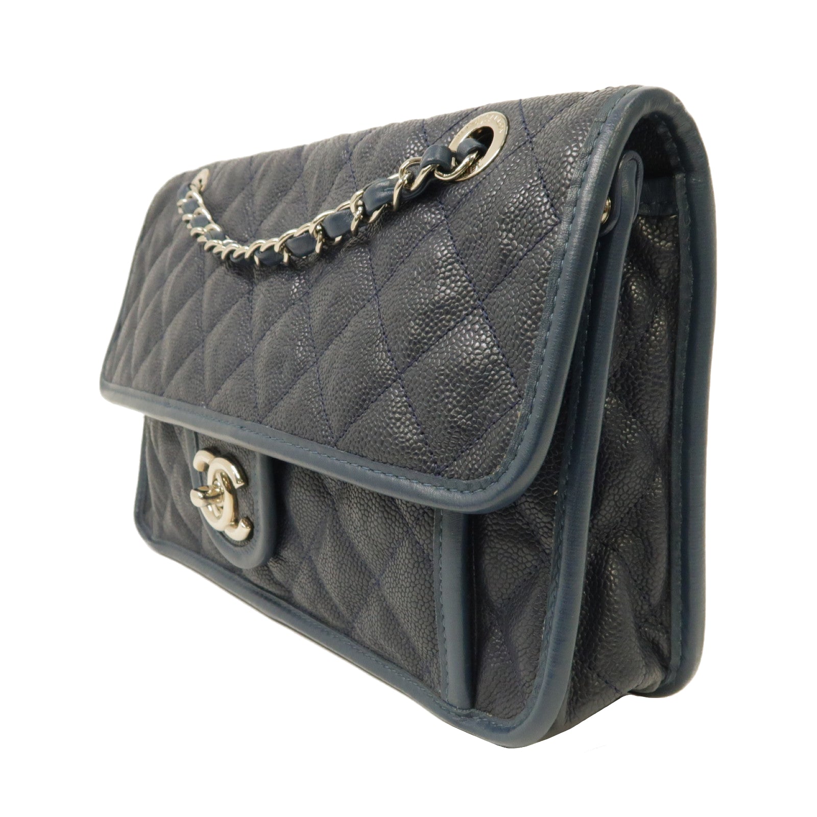 CHANEL 菱格皮革Shoulder Bag銀扣鏈帶肩背袋藍色