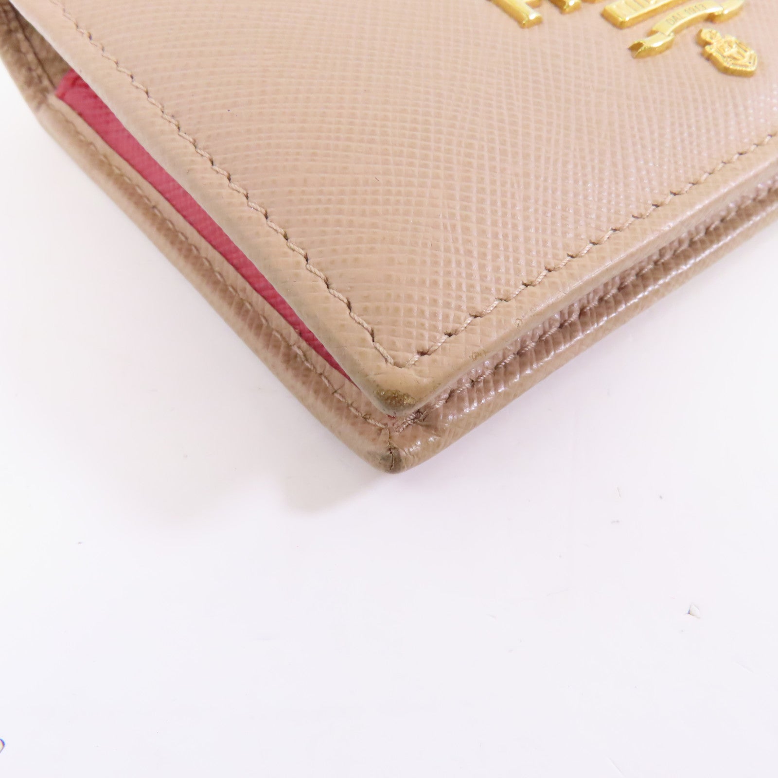 PRADA Saffiano皮革Wallet金扣錢包米色