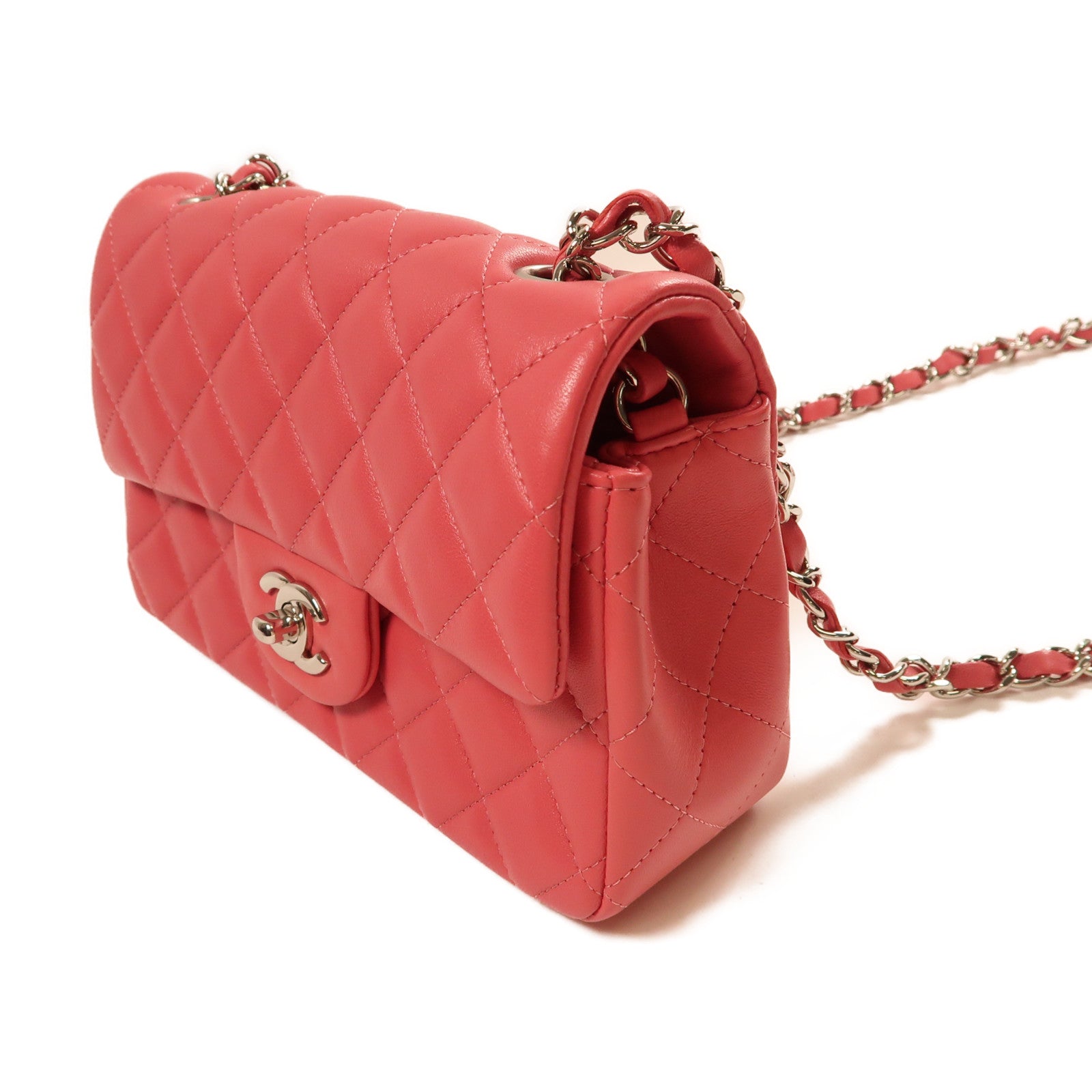 CHANEL 羊皮皮革Mini Classic 20銀扣鏈帶肩背袋粉紅色
