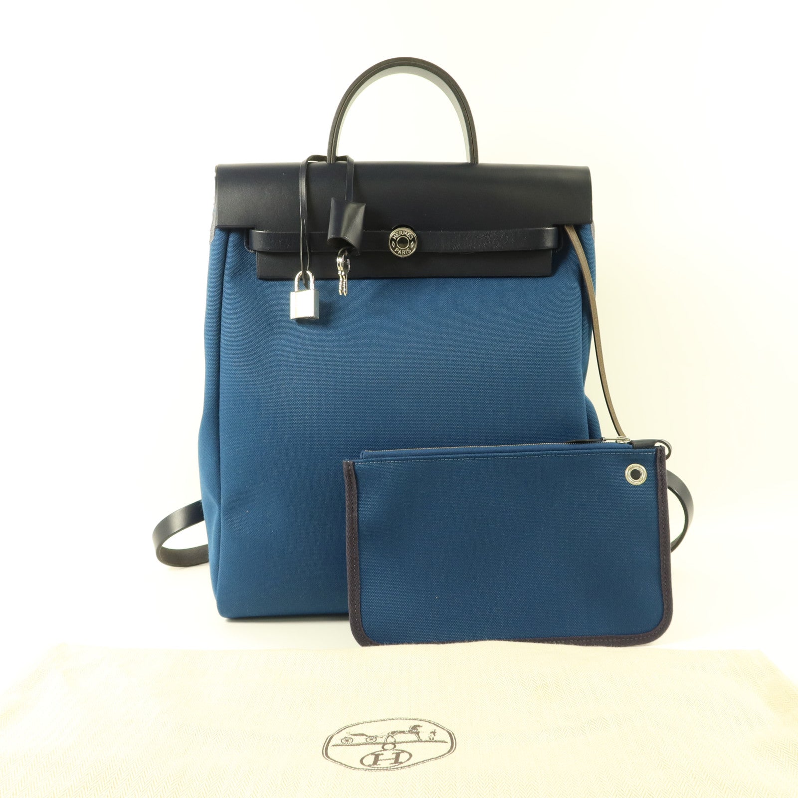 HERMES 帆布Herbag Backpack銀扣背包Deep Blue/Bleu Nuit