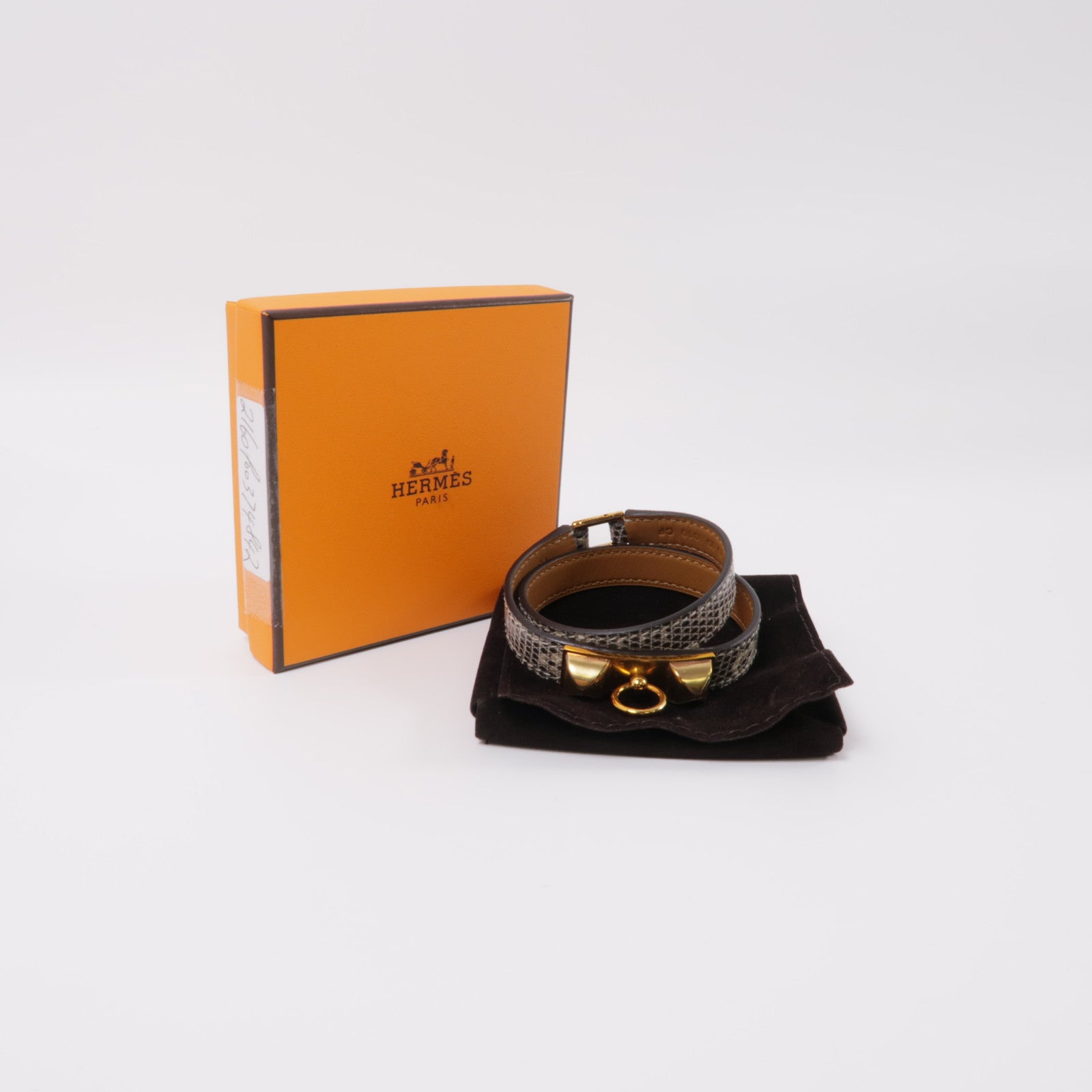 HERMES 蜥蝪皮革Rivale Double Tour金扣手鐲灰色