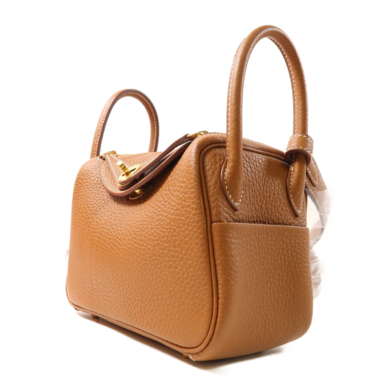 HERMES Clemence皮革Mini Lindy金扣手挽肩背兩用袋Gold啡色