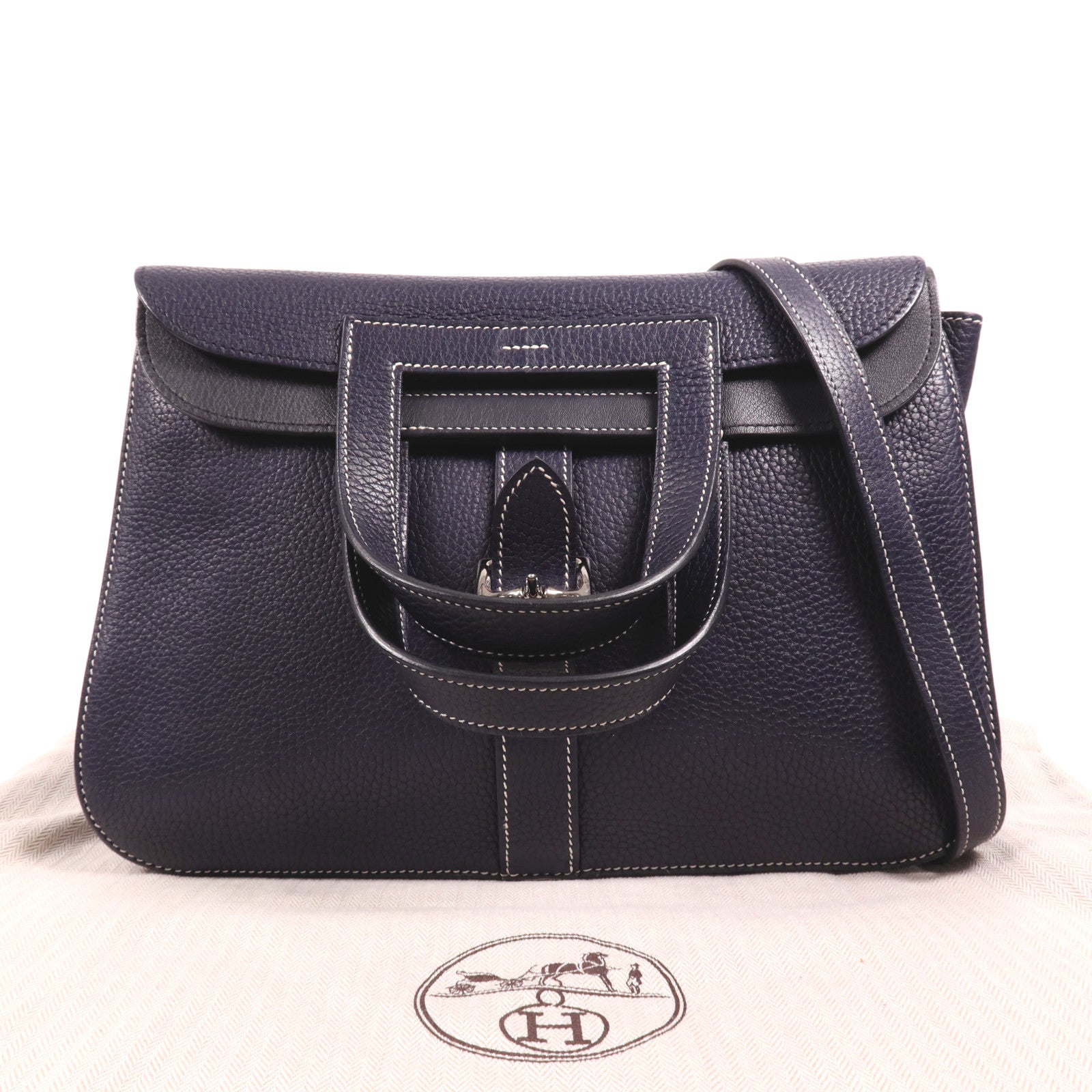 HERMES Clemence皮革Halzan 31銀扣手挽肩背兩用袋Bleu Nuit