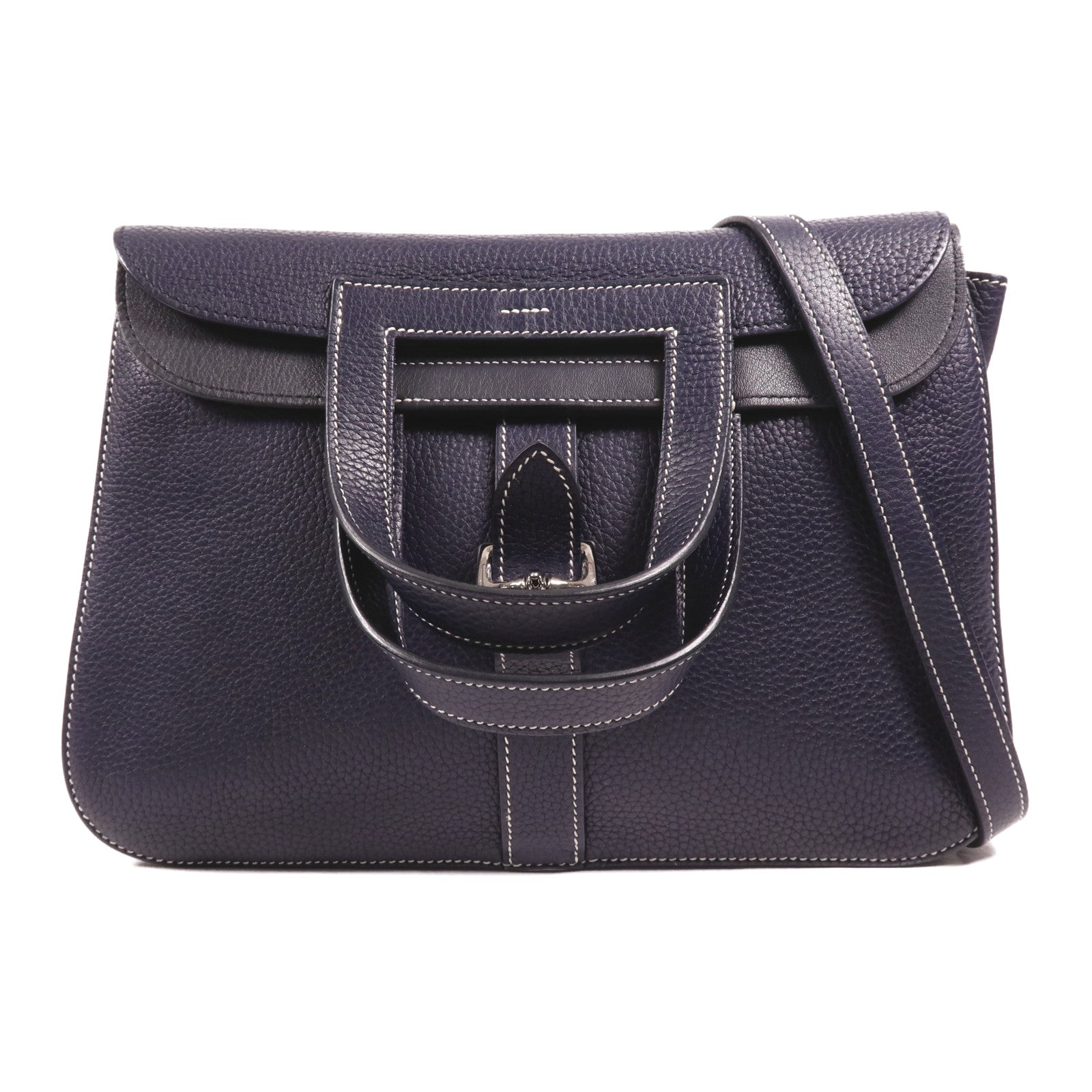 HERMES Clemence皮革Halzan 31銀扣手挽肩背兩用袋Bleu Nuit
