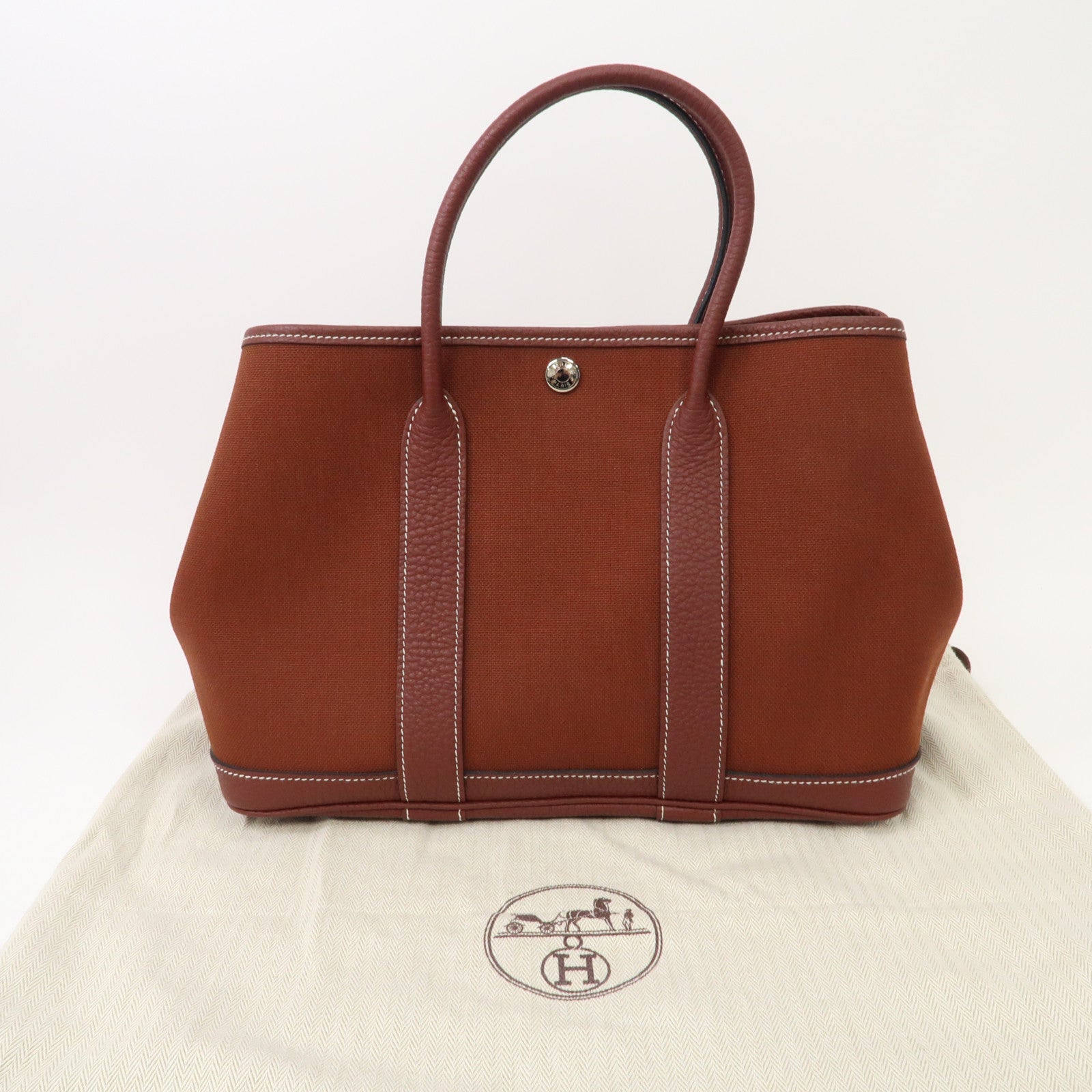 HERMES 帆布Garden Party TPM銀扣手挽袋Rouge H/紅棕色