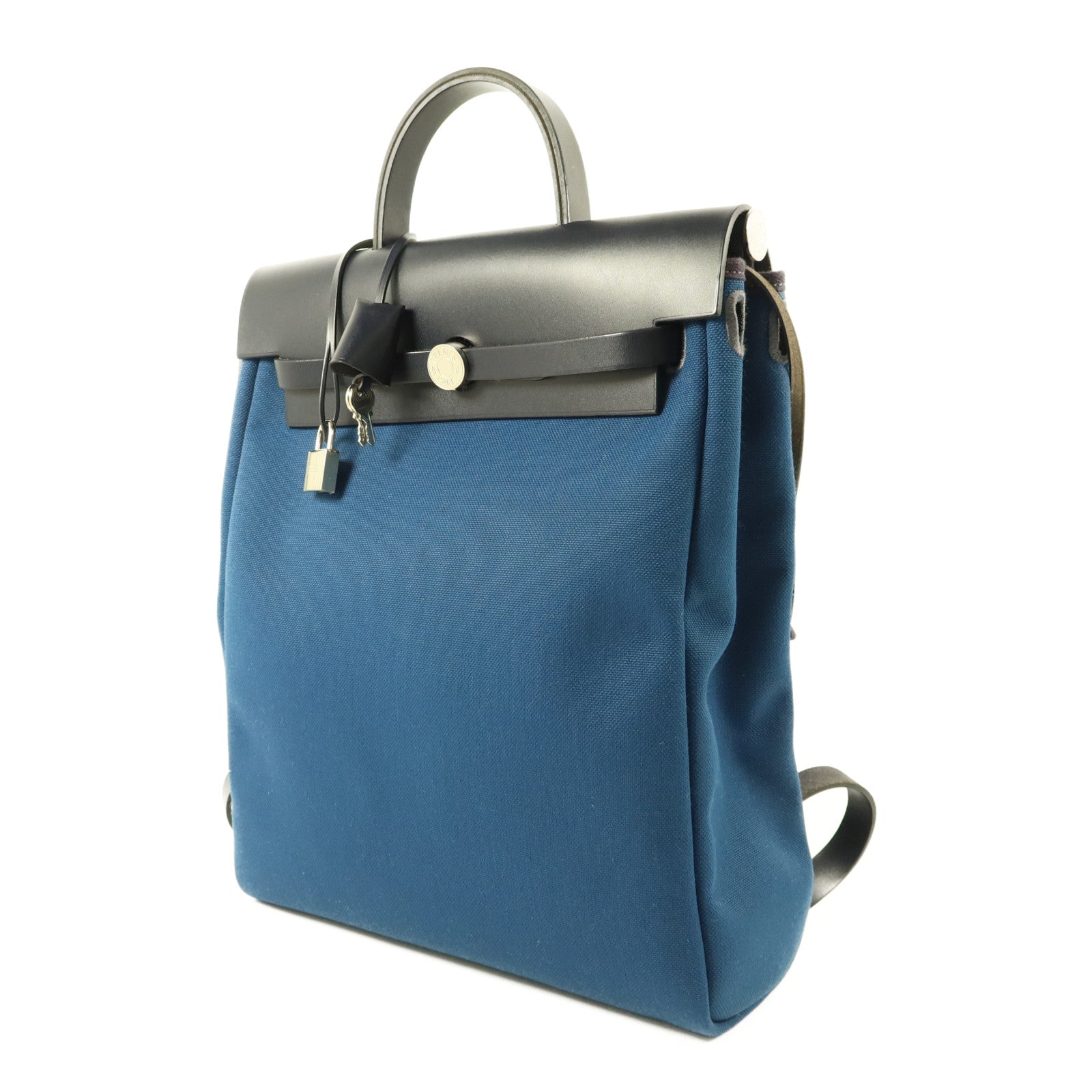 HERMES 帆布Herbag Backpack銀扣背包Deep Blue/Bleu Nuit