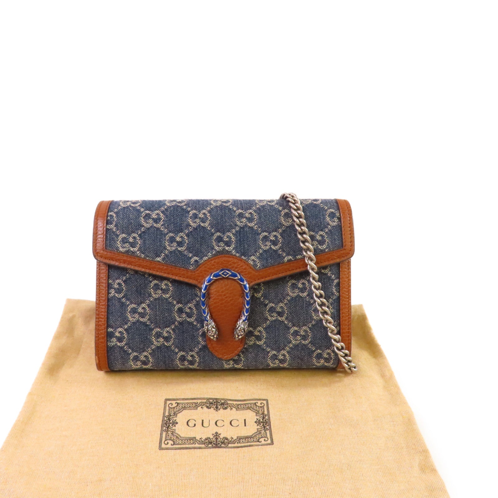 GUCCI 牛仔布/牛皮皮革Dionysus GG Shoulder Bag銀扣鏈帶肩背袋藍色/啡色