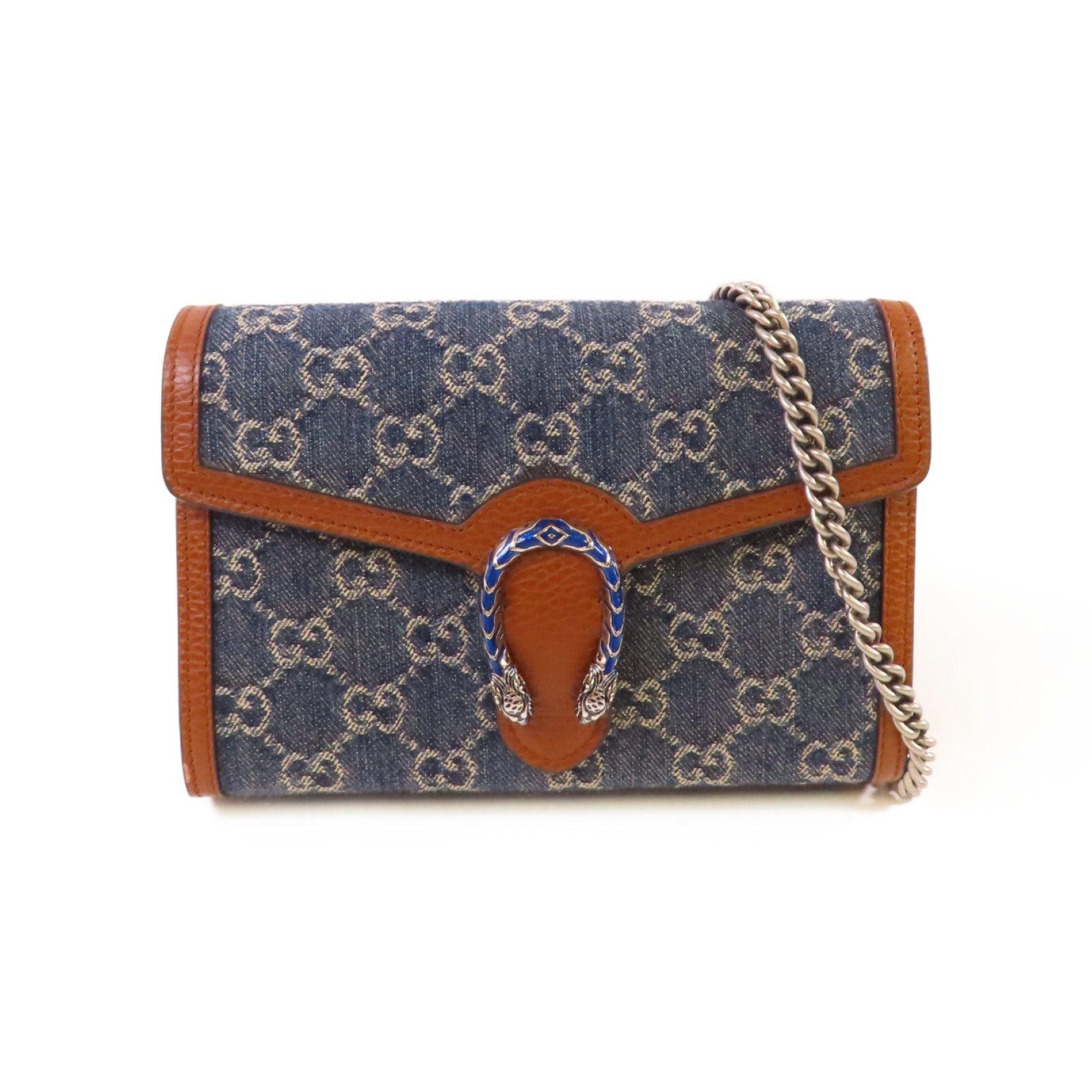 GUCCI 牛仔布/牛皮皮革Dionysus GG Shoulder Bag銀扣鏈帶肩背袋藍色/啡色