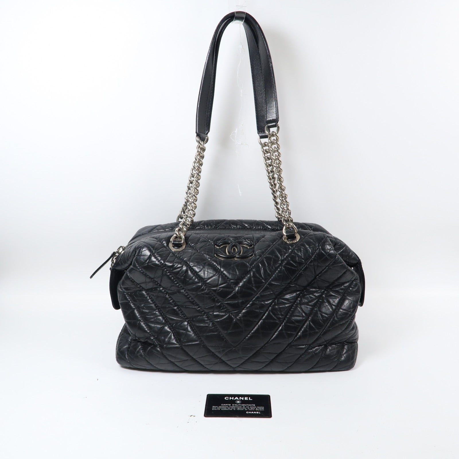 CHANEL 斜紋羊皮皮革Chain Shoulder Bag銀扣鏈帶肩背袋黑色