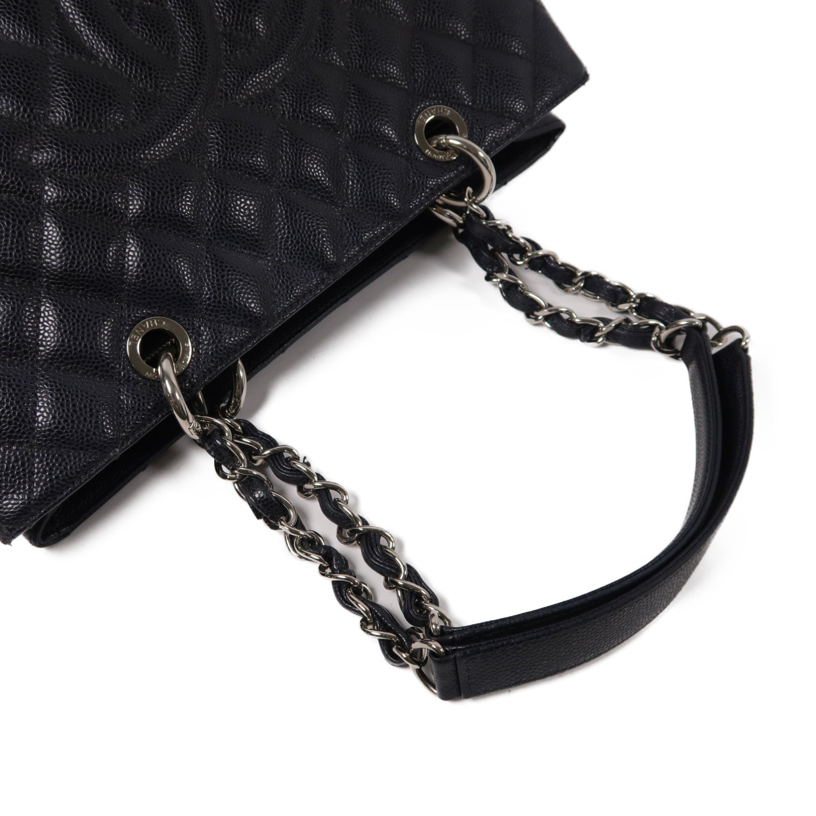 CHANEL 菱格Caviar皮革Grand Shopping Tote銀扣鏈帶手挽袋黑色