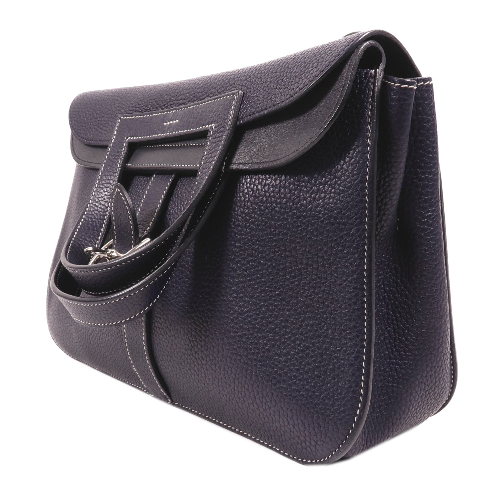 HERMES Clemence皮革Halzan 31銀扣手挽肩背兩用袋Bleu Nuit