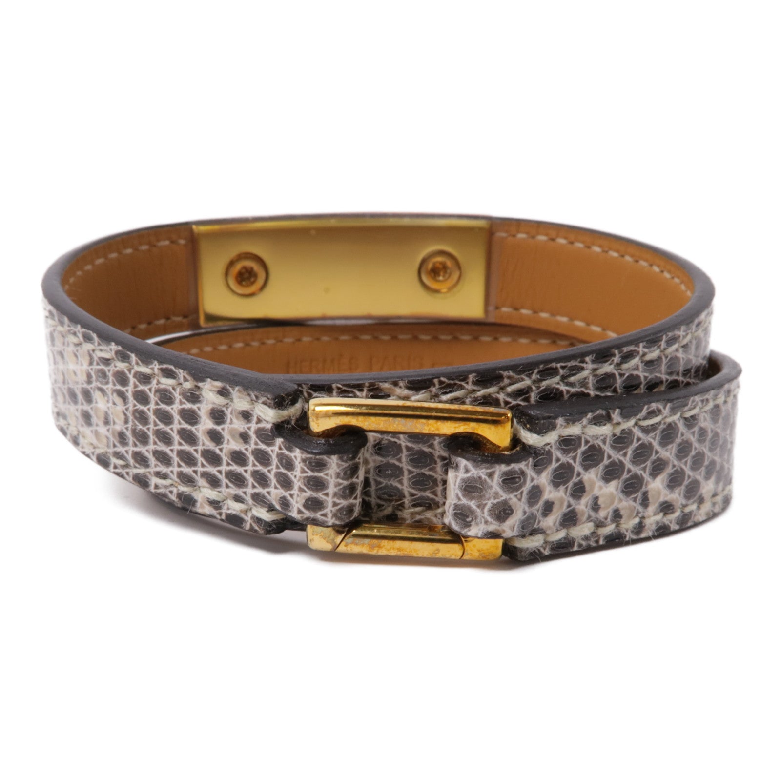 HERMES 蜥蝪皮革Rivale Double Tour金扣手鐲灰色