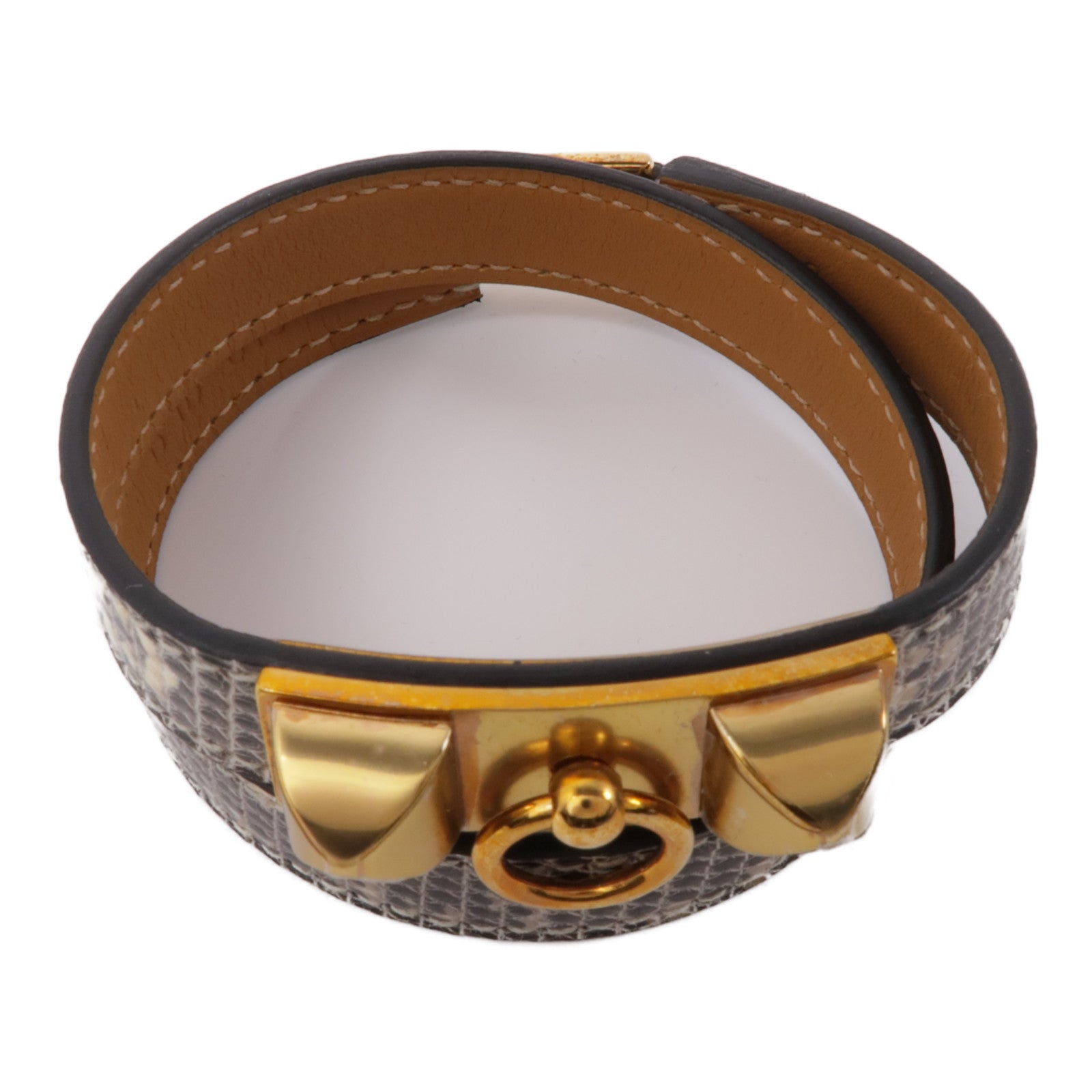 HERMES 蜥蝪皮革Rivale Double Tour金扣手鐲灰色