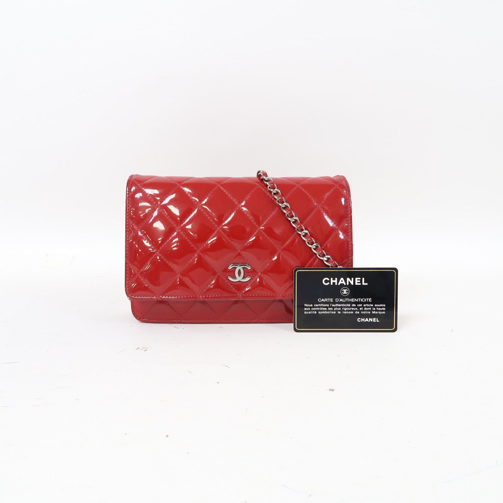 CHANEL 菱格漆皮皮革Wallet On Chain銀扣鏈帶肩背袋紅色