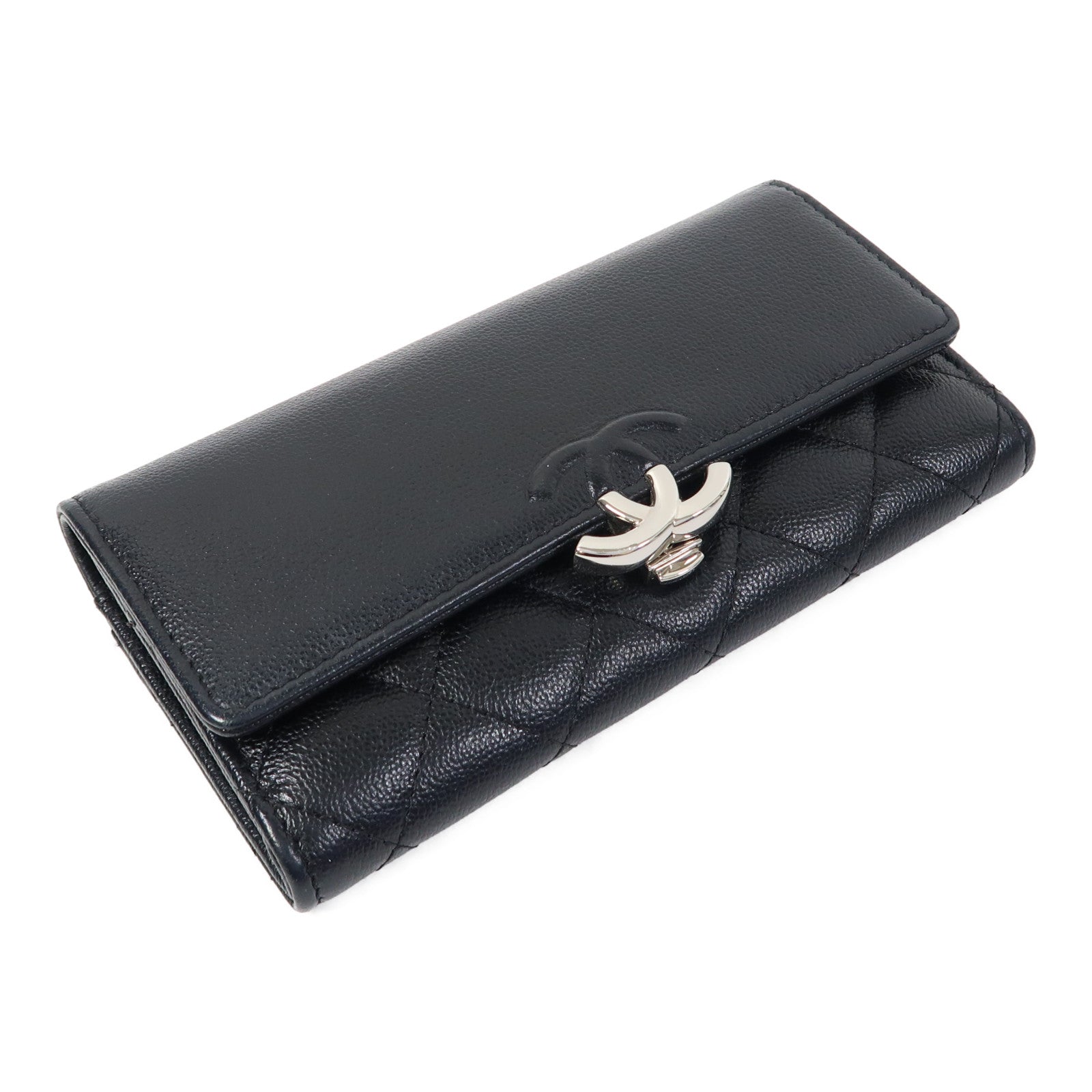 CHANEL 菱格牛皮皮革Wallet銀扣長錢包黑色