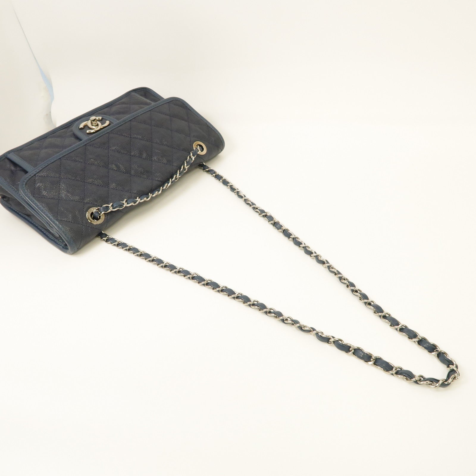 CHANEL 菱格皮革Shoulder Bag銀扣鏈帶肩背袋藍色