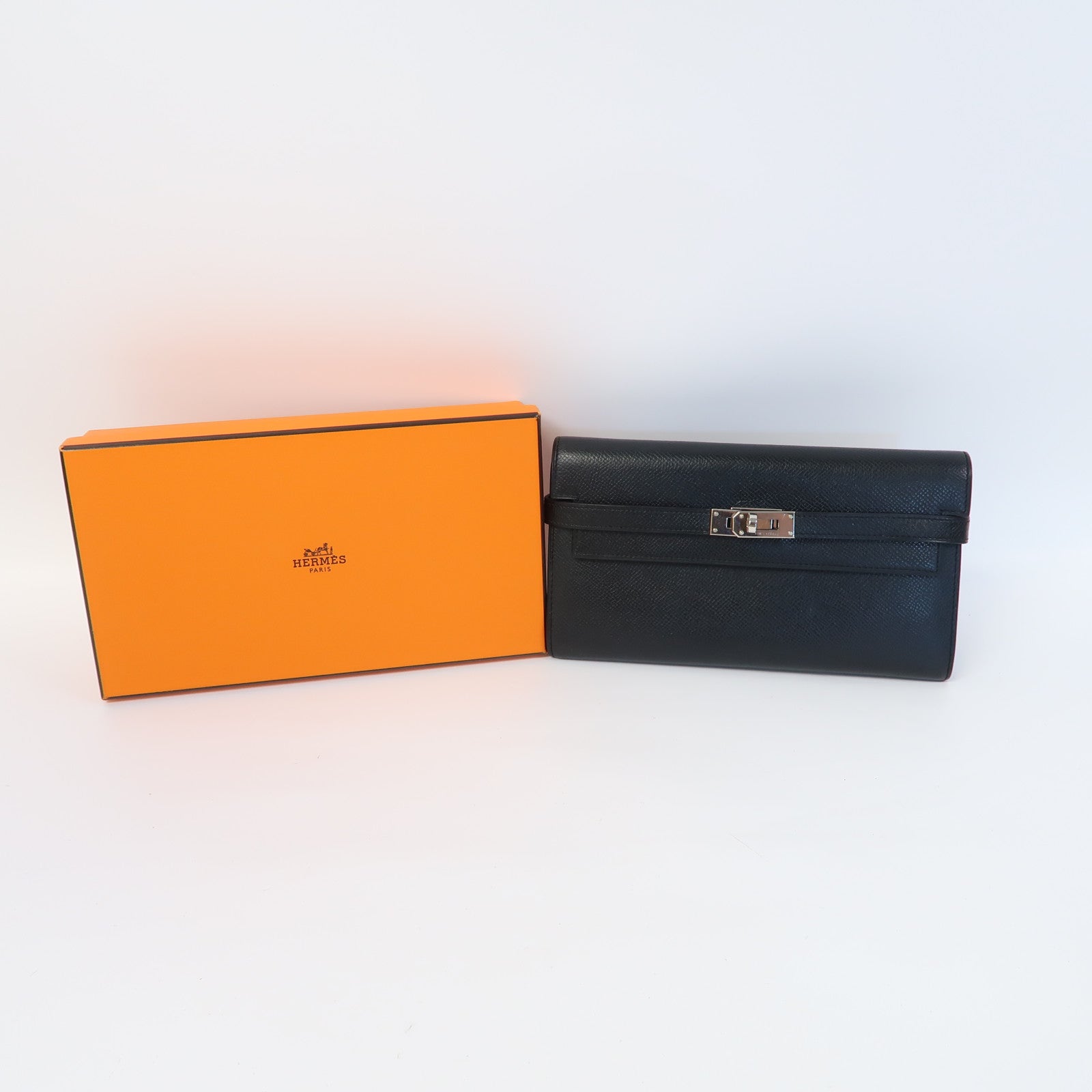 HERMES Epsom皮革Kelly Wallet銀扣長錢包Noir/黑色