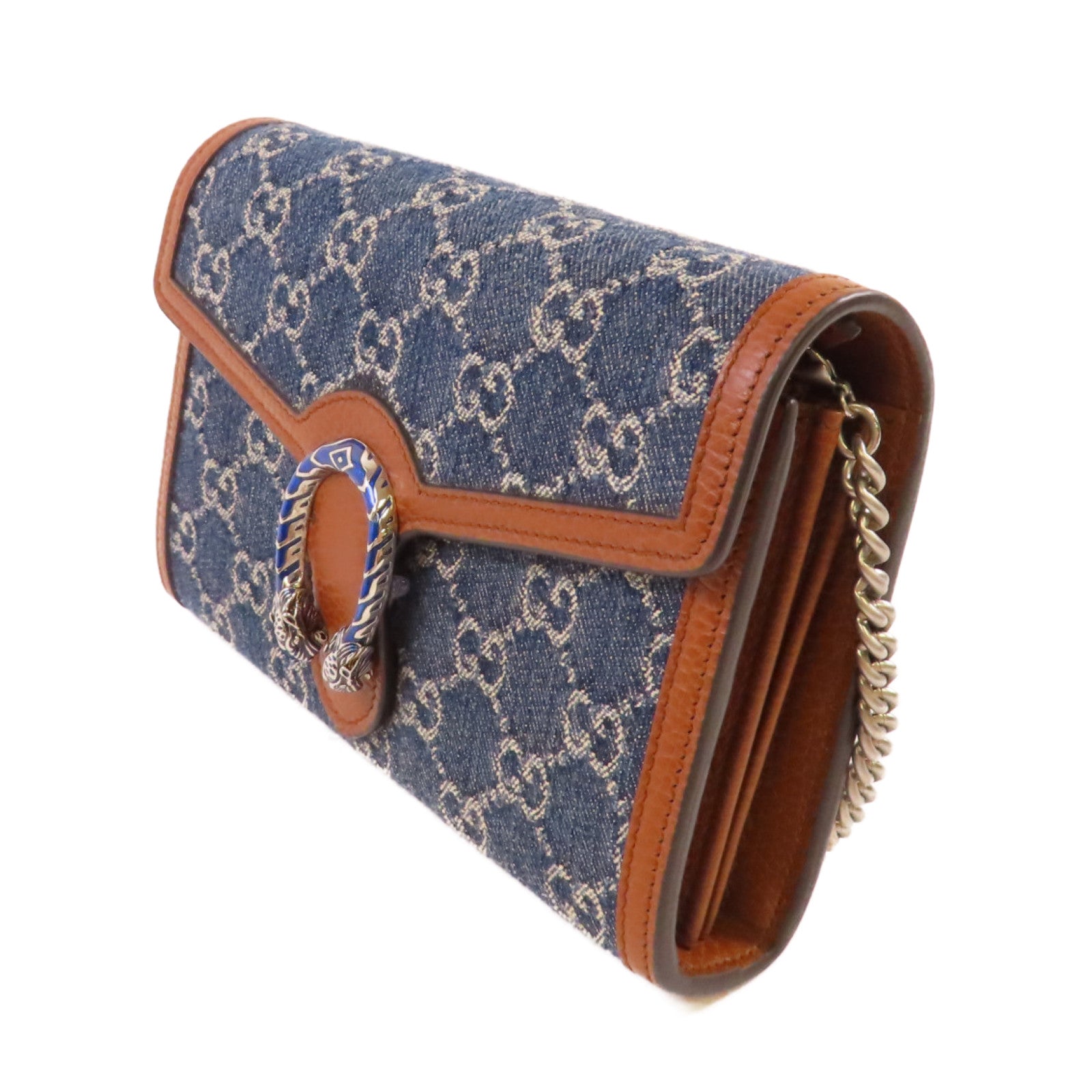 GUCCI 牛仔布/牛皮皮革Dionysus GG Shoulder Bag銀扣鏈帶肩背袋藍色/啡色