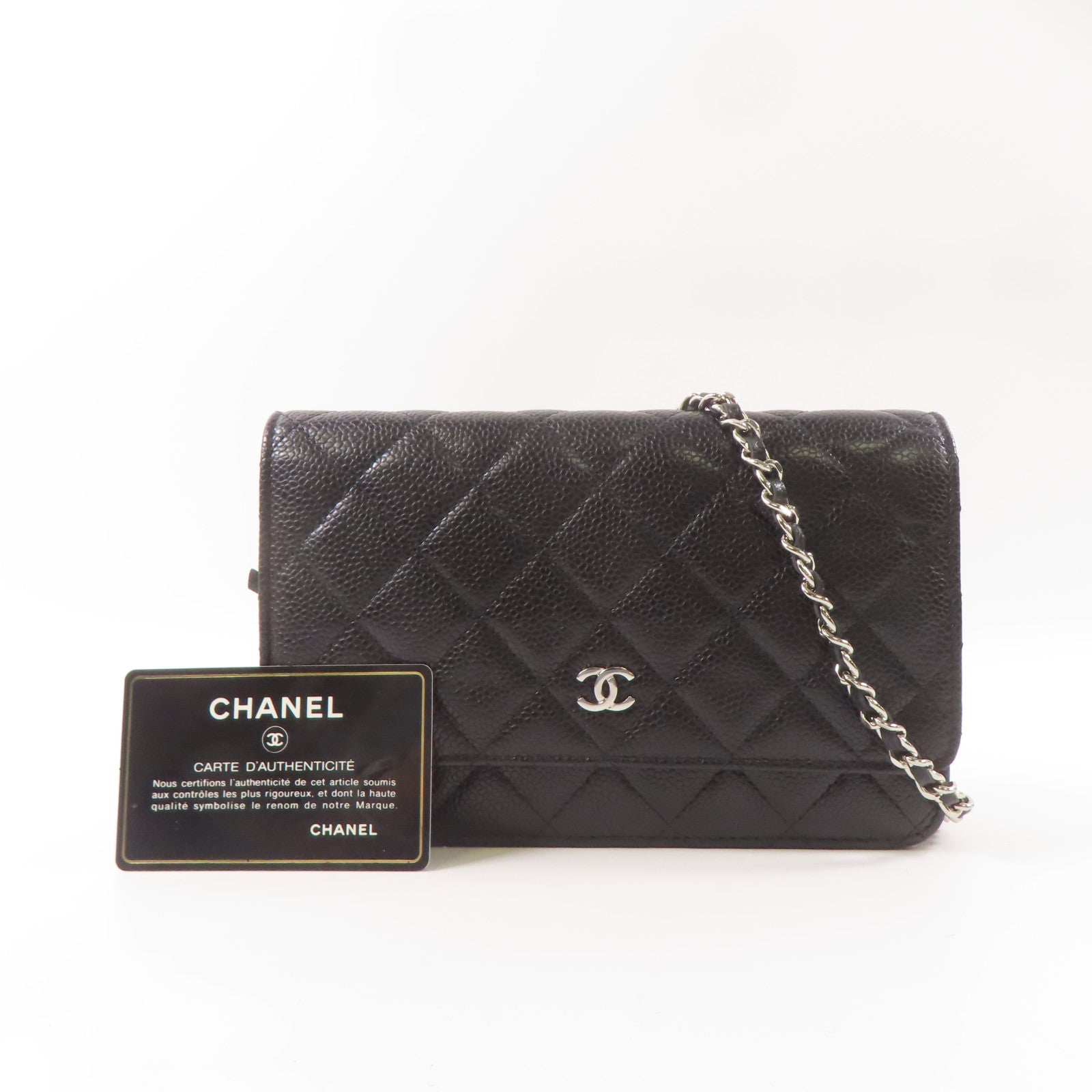 CHANEL 牛皮皮革Wallet On Chain銀扣鏈帶肩背袋黑色