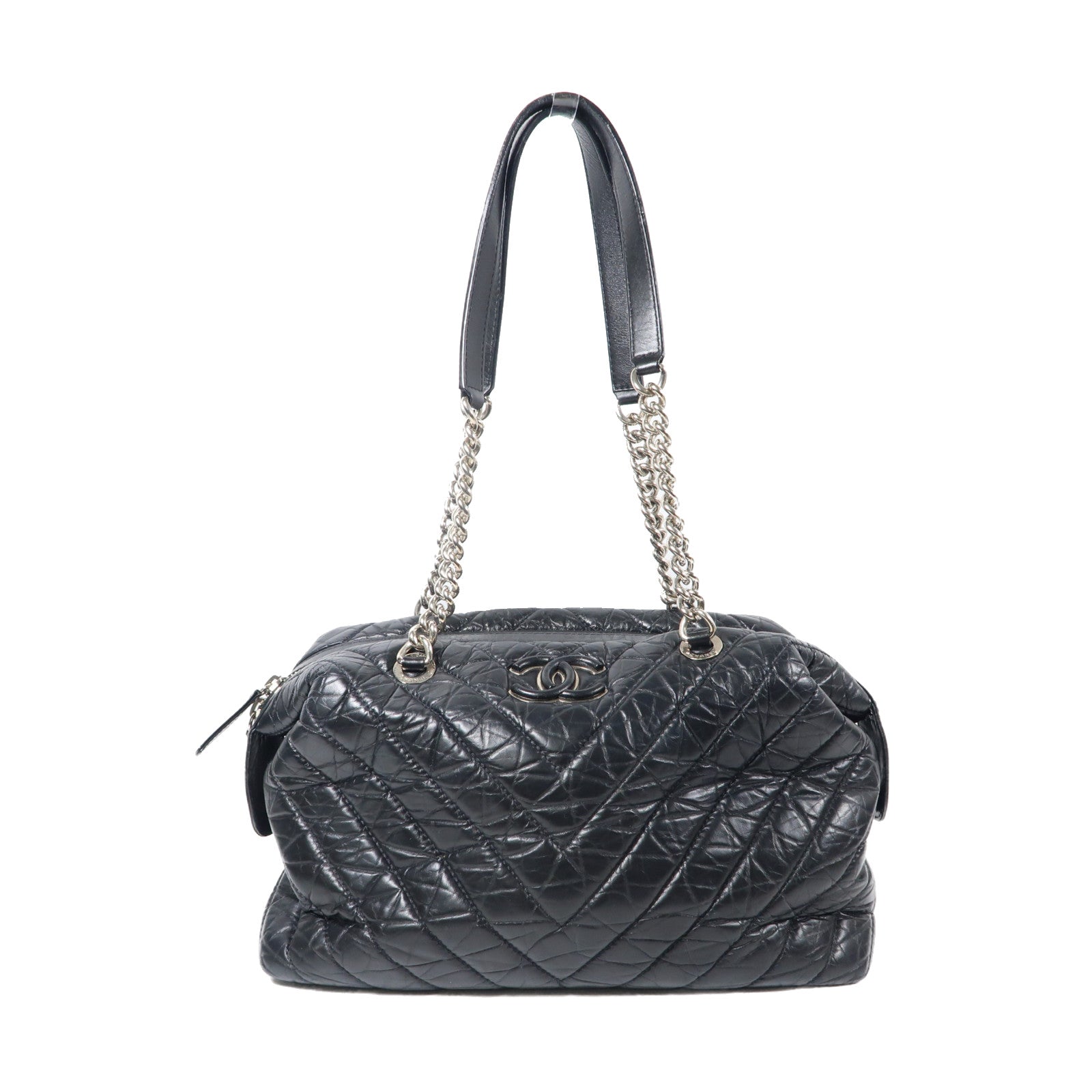CHANEL 斜紋羊皮皮革Chain Shoulder Bag銀扣鏈帶肩背袋黑色