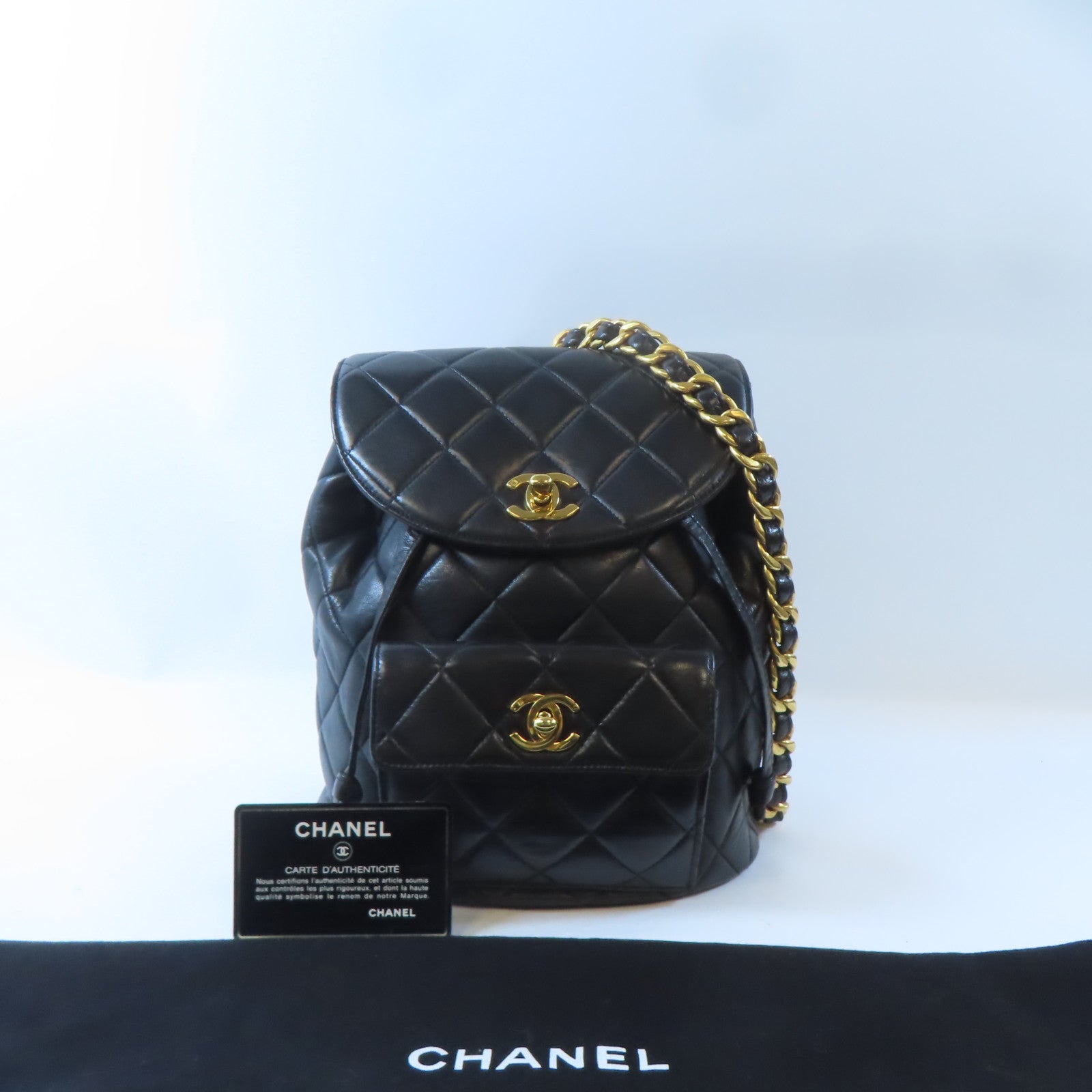 CHANEL 菱格羊皮皮革Vintage Backpack金扣背包黑色