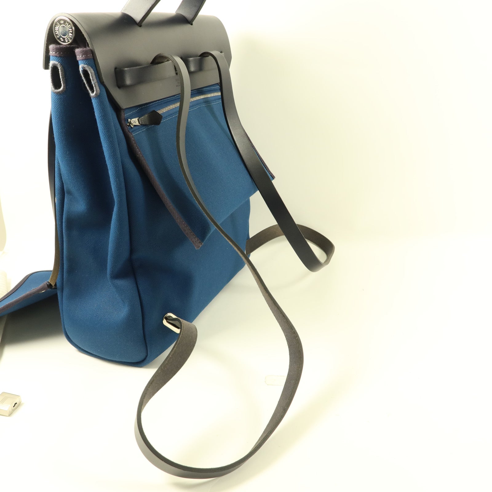 HERMES 帆布Herbag Backpack銀扣背包Deep Blue/Bleu Nuit