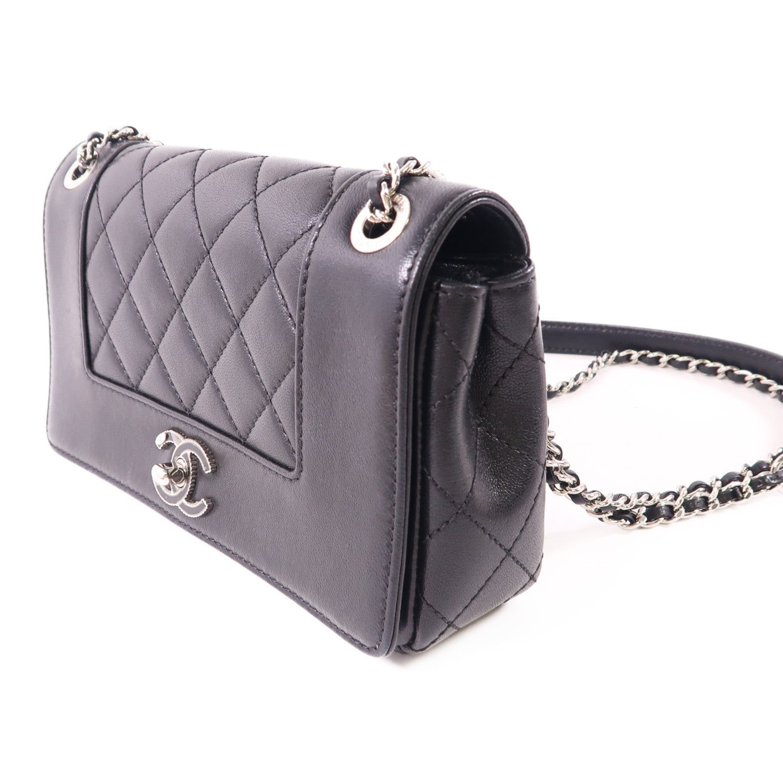 CHANEL CC SHW Chain Shoulder Bag Calfskin Leather Black