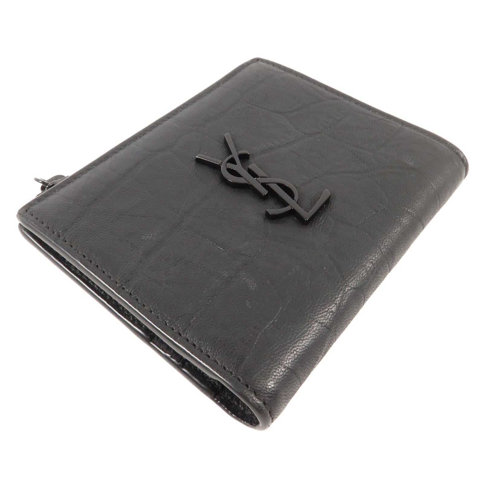 SAINT LAURENT 牛皮皮革Cassandre Crocodile-Embossed Wallet錢包