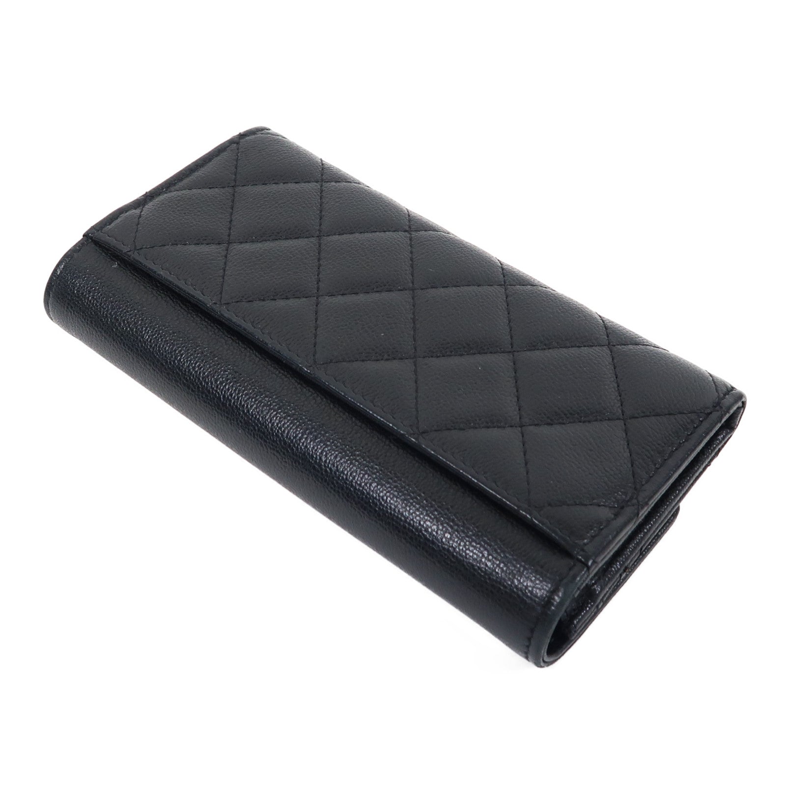CHANEL 菱格牛皮皮革Wallet銀扣長錢包黑色