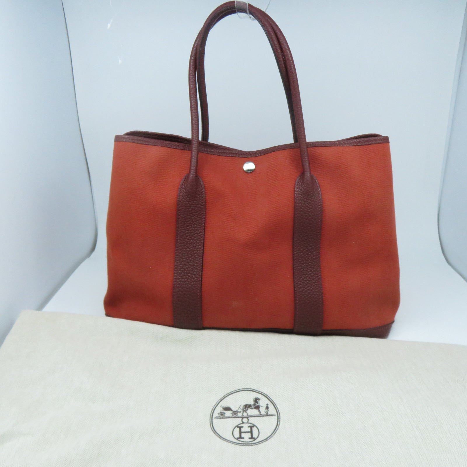 HERMES 【激減優惠】帆布Garden Party PM銀扣手挽袋紅色