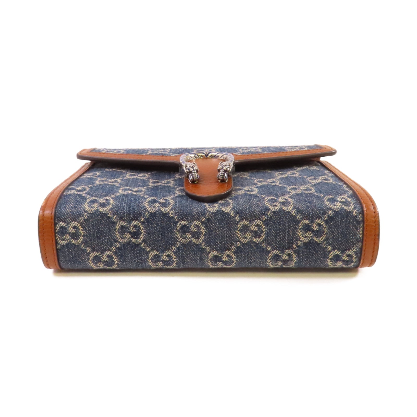 GUCCI 牛仔布/牛皮皮革Dionysus GG Shoulder Bag銀扣鏈帶肩背袋藍色/啡色
