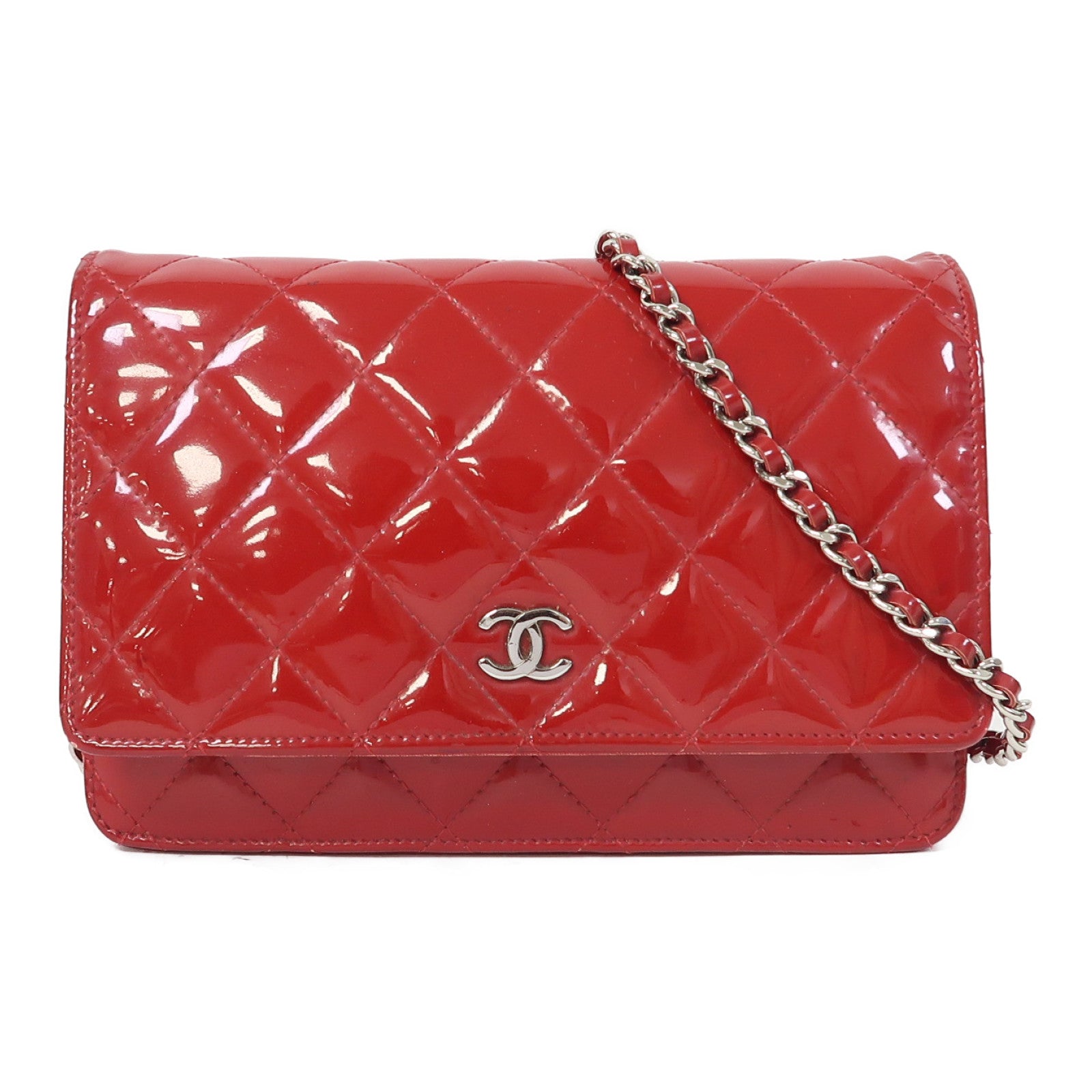CHANEL 菱格漆皮皮革Wallet On Chain銀扣鏈帶肩背袋紅色