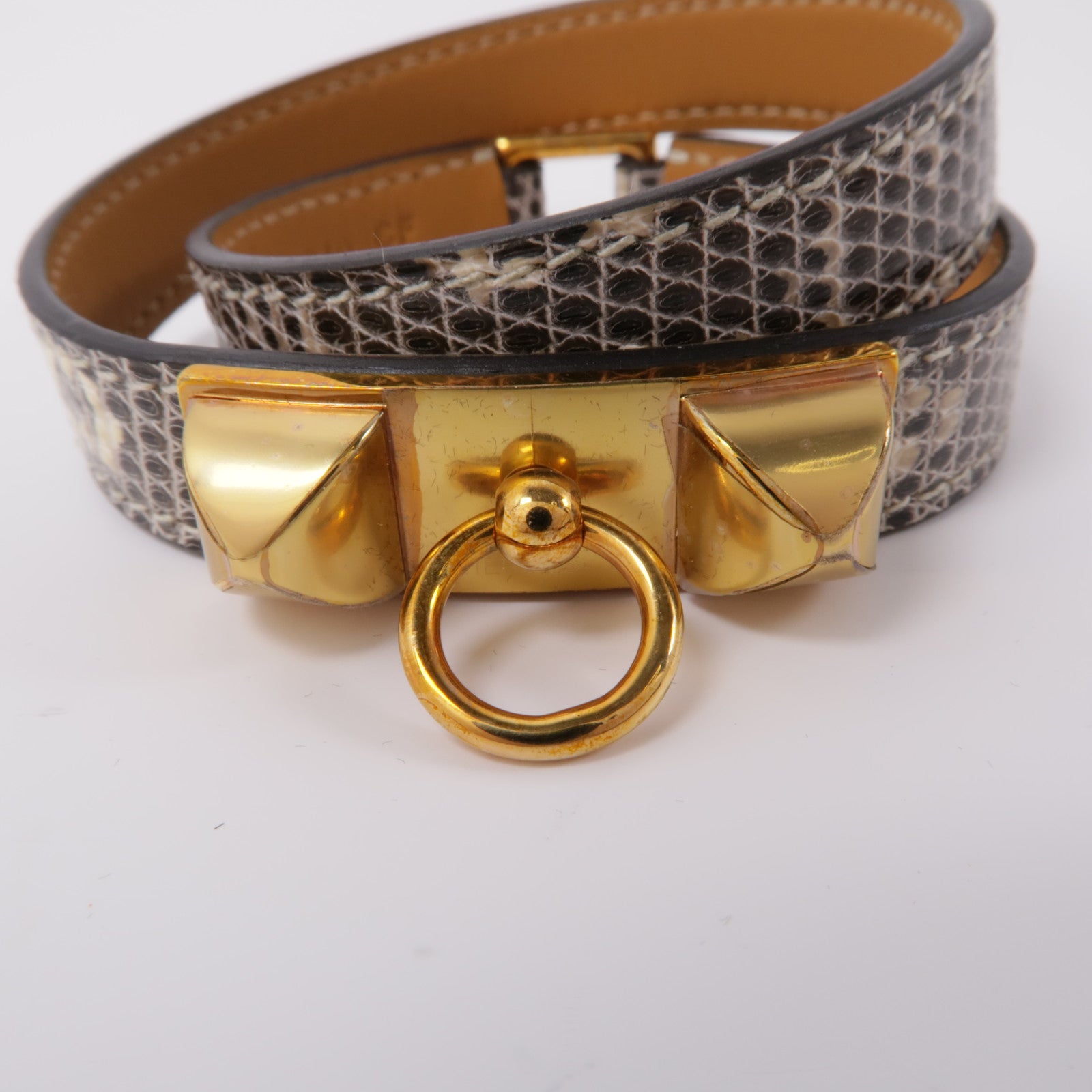 HERMES 蜥蝪皮革Rivale Double Tour金扣手鐲灰色