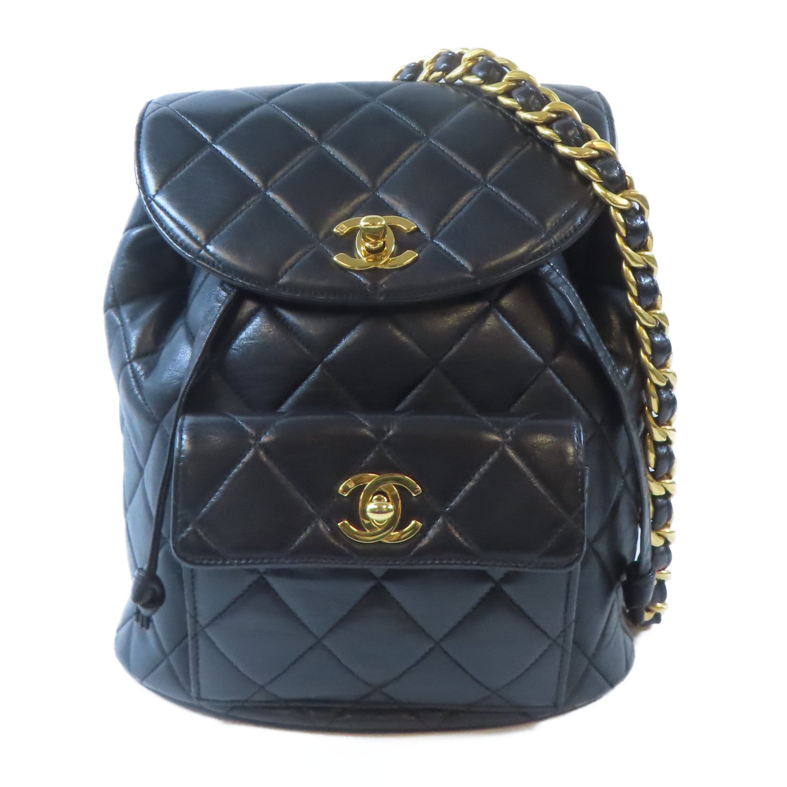 CHANEL 菱格羊皮皮革Vintage Backpack金扣背包黑色