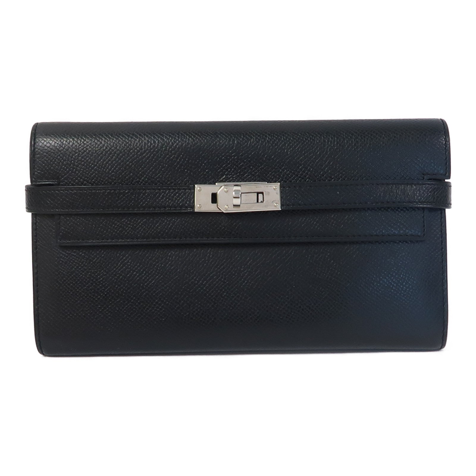 HERMES Epsom皮革Kelly Wallet銀扣長錢包Noir/黑色