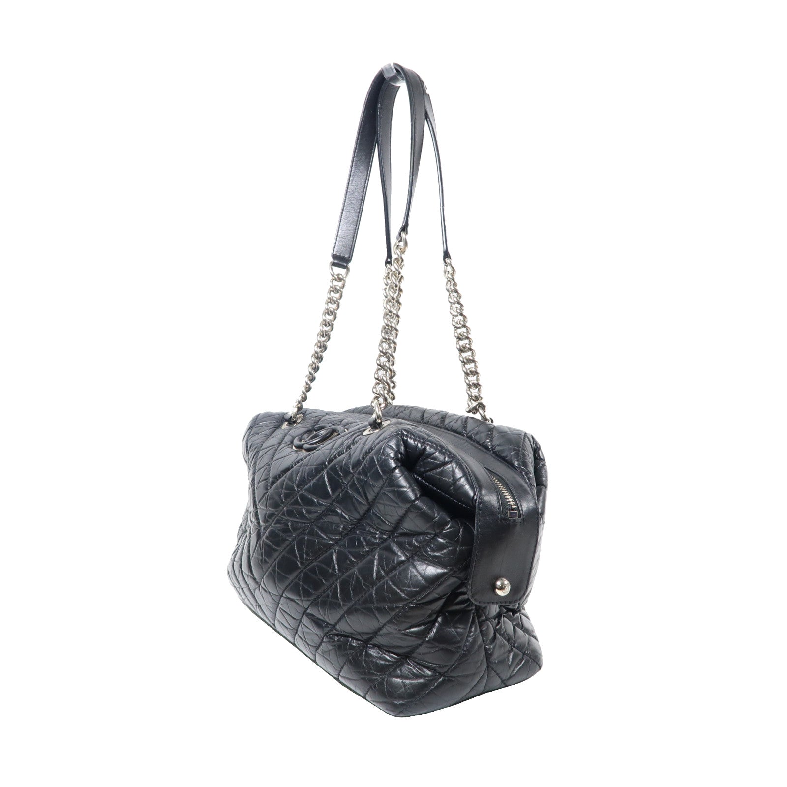 CHANEL 斜紋羊皮皮革Chain Shoulder Bag銀扣鏈帶肩背袋黑色
