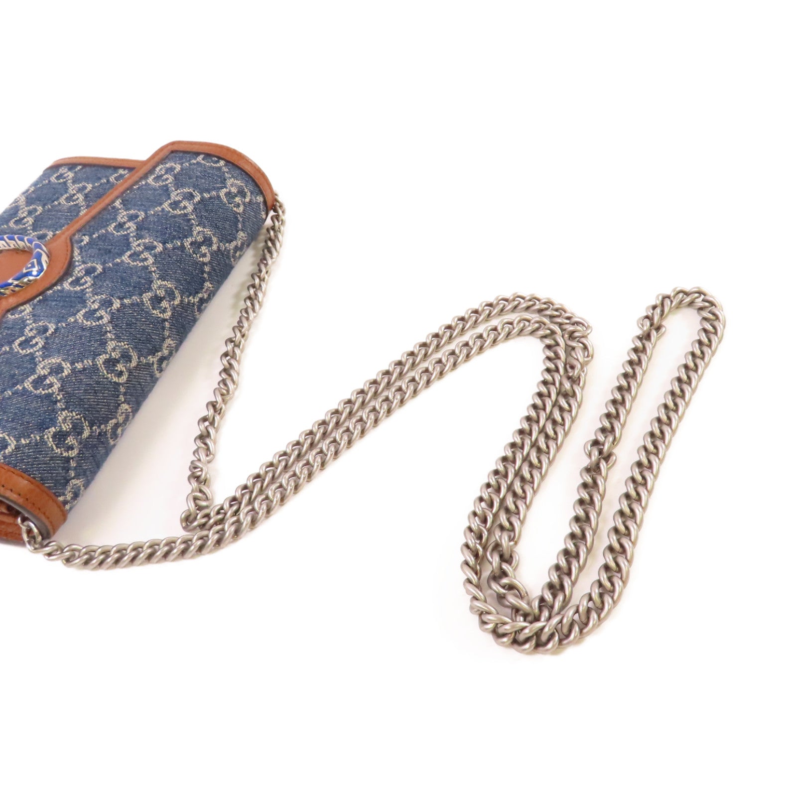 GUCCI 牛仔布/牛皮皮革Dionysus GG Shoulder Bag銀扣鏈帶肩背袋藍色/啡色