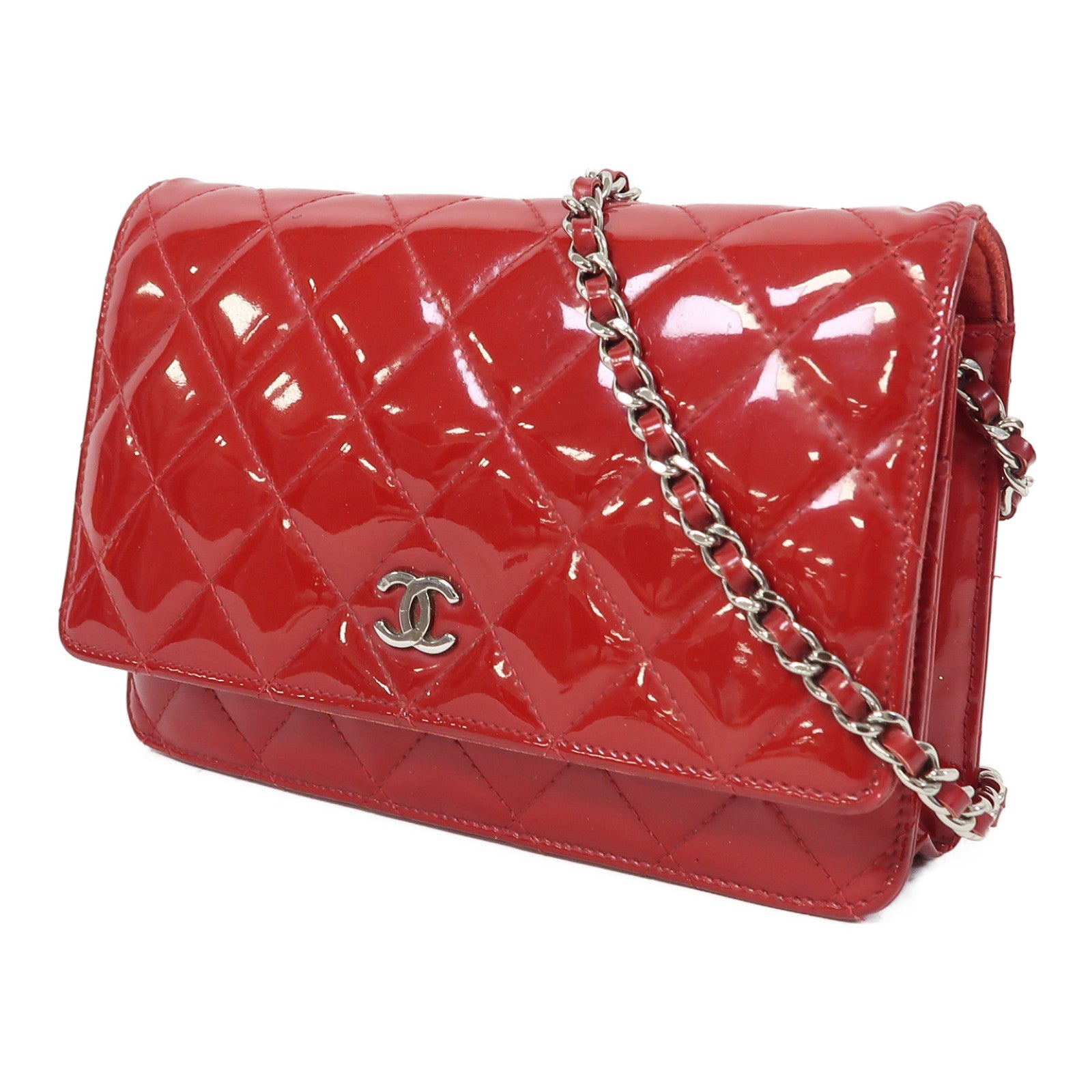 CHANEL 菱格漆皮皮革Wallet On Chain銀扣鏈帶肩背袋紅色