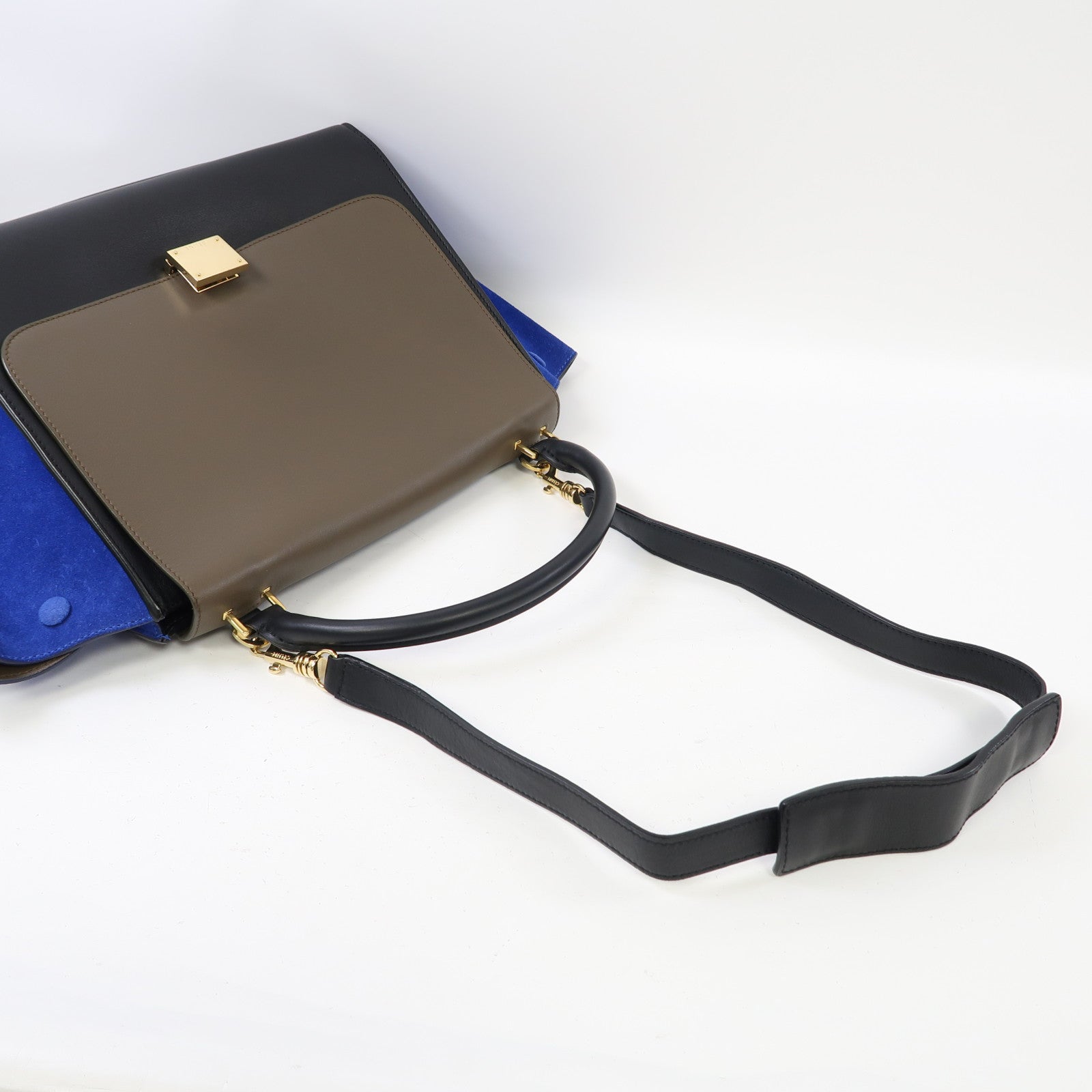 CELINE 牛皮皮革Trapeze金扣手挽肩背兩用袋黑色/藍色/啡色