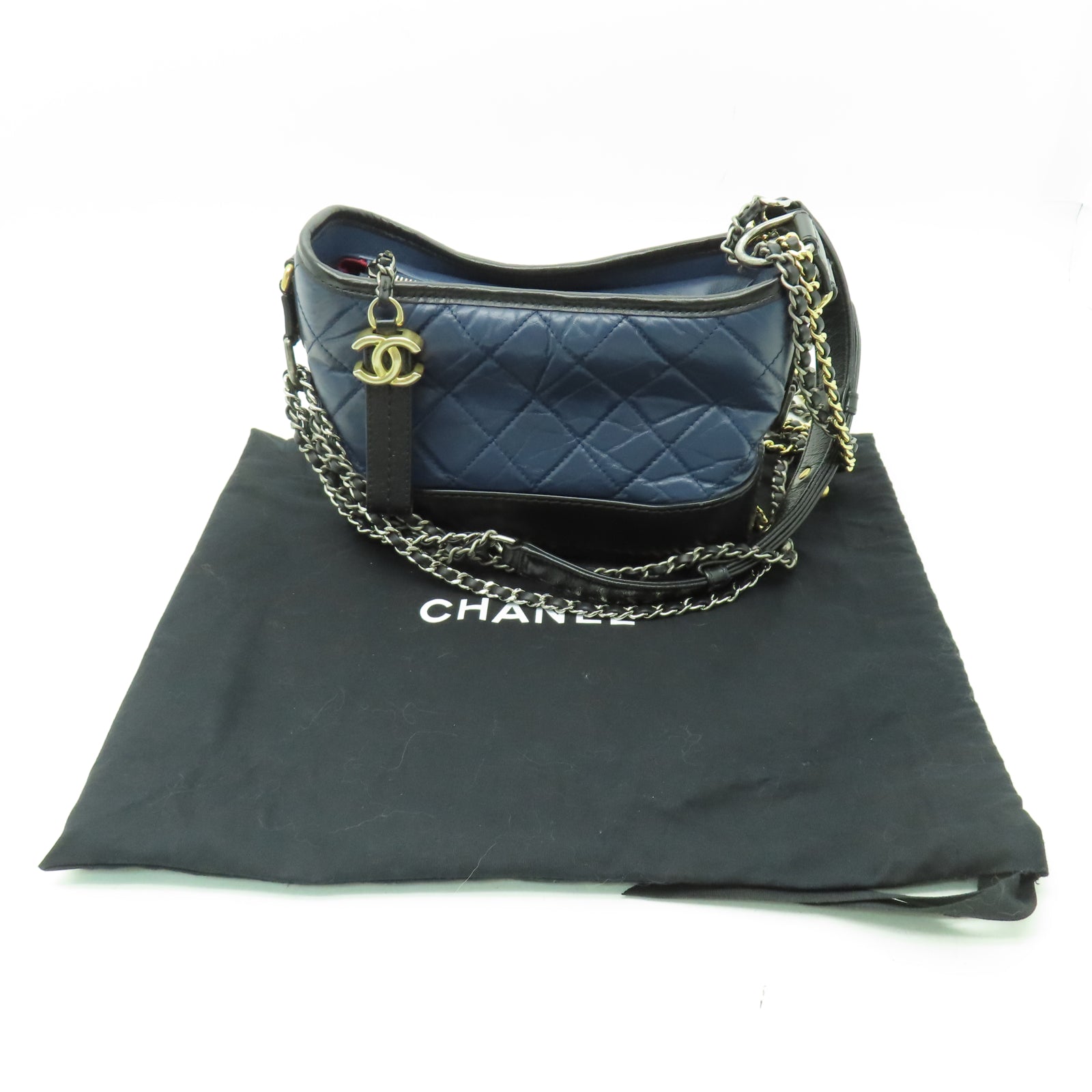 CHANEL 【清倉大減價】菱格牛皮皮革Gabrielle Small金銀扣鏈帶肩背袋海軍藍色