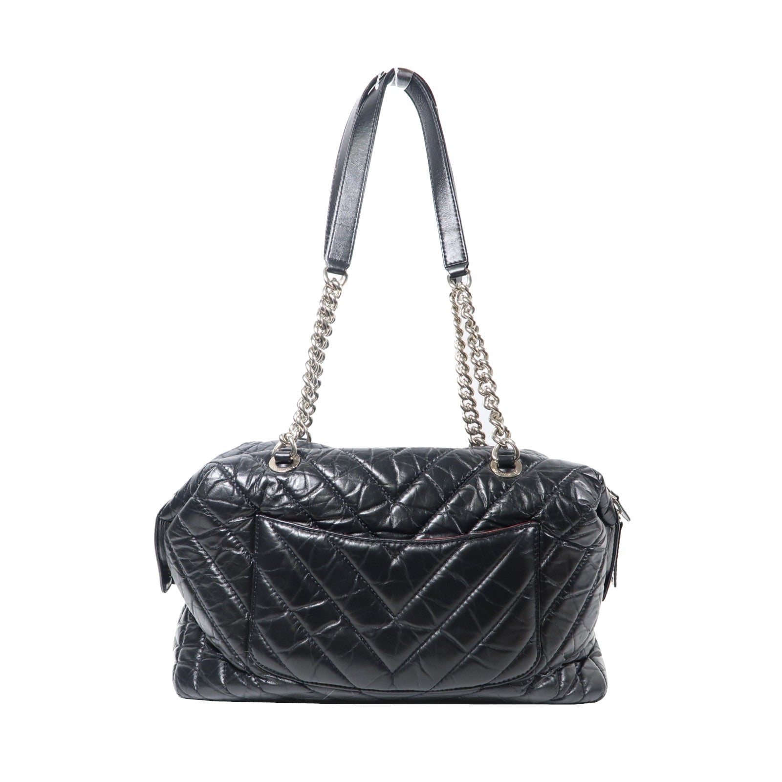 CHANEL 斜紋羊皮皮革Chain Shoulder Bag銀扣鏈帶肩背袋黑色