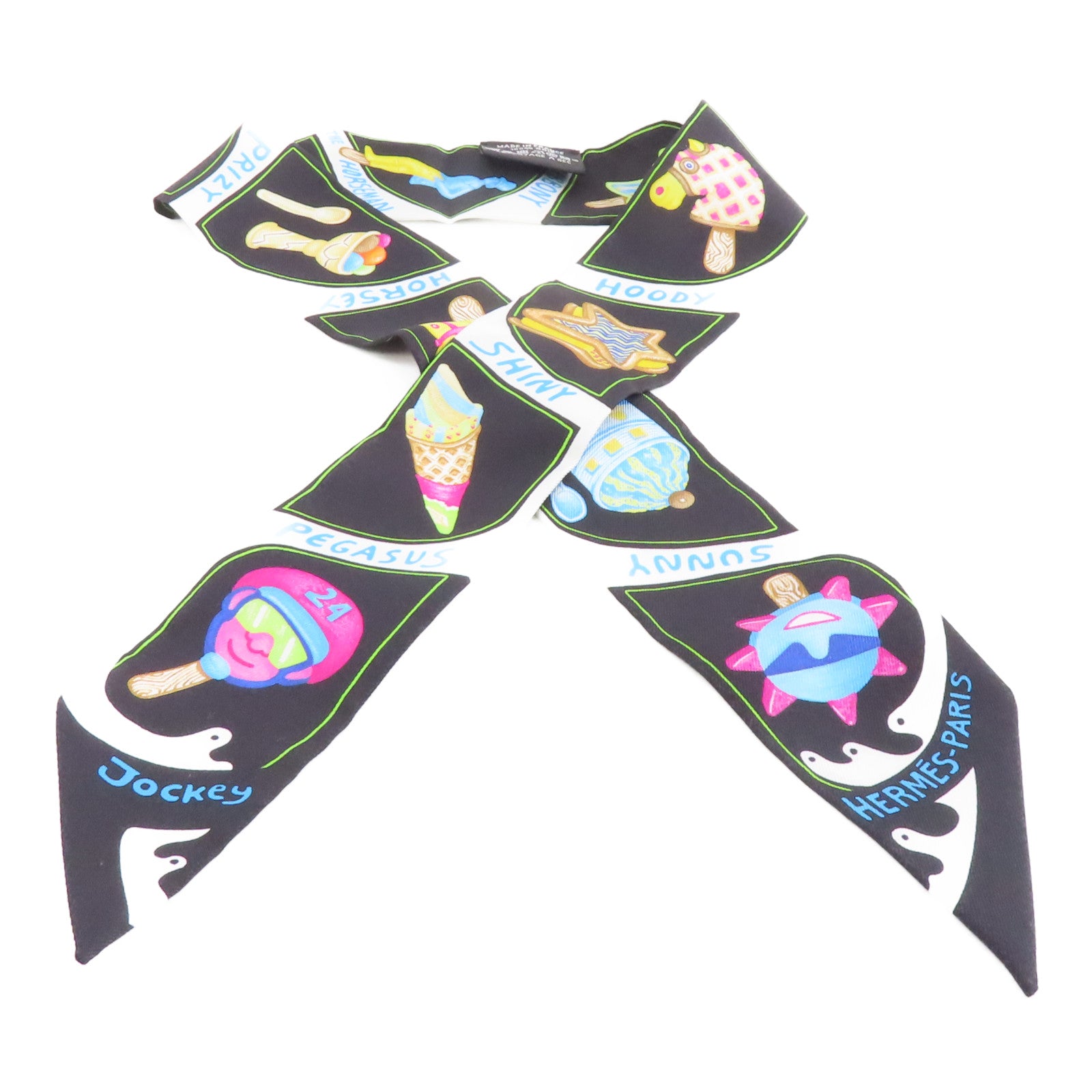 HERMES 絲質Twilly絲巾黑色/彩色