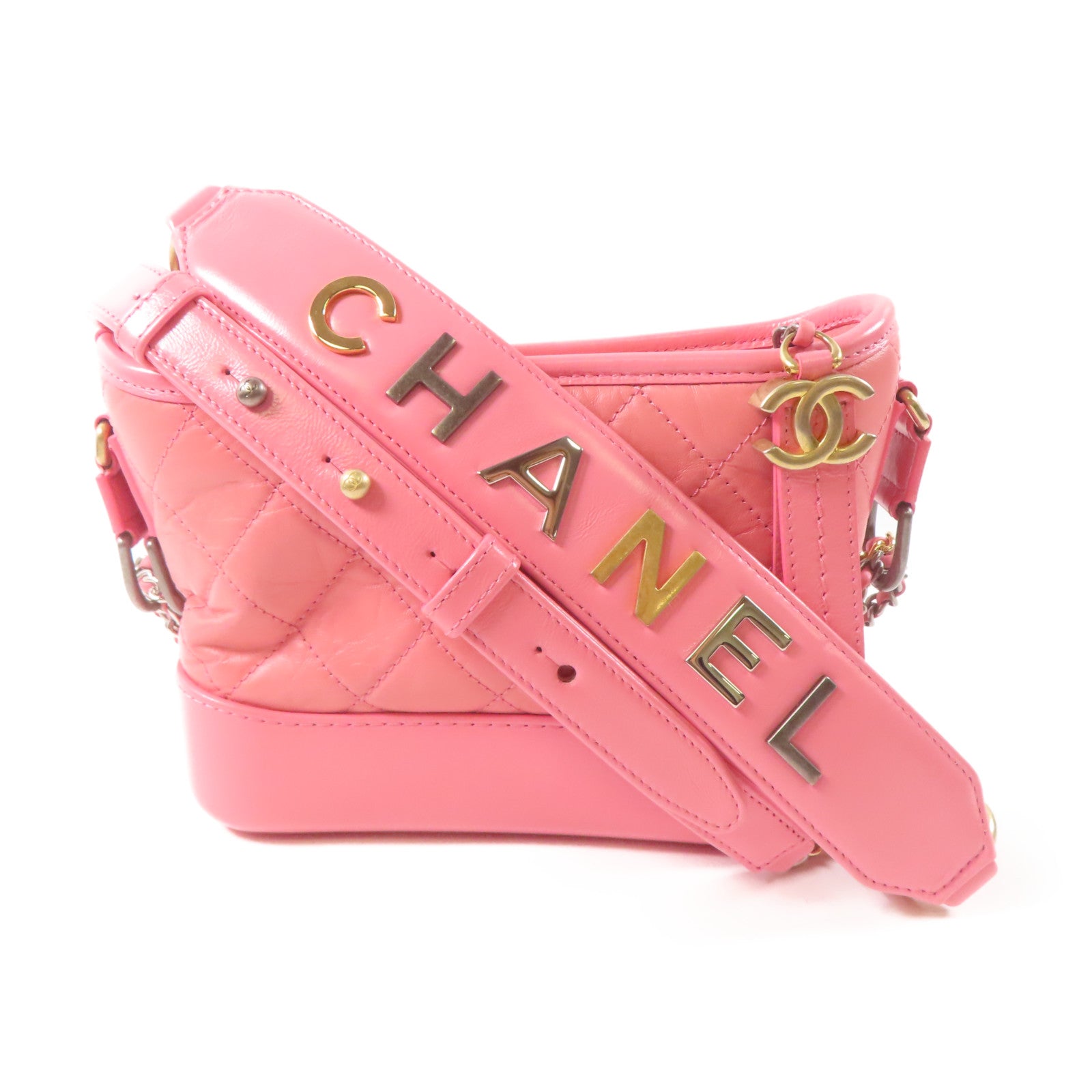 CHANEL 菱格牛皮皮革Gabrielle鏈帶肩背袋粉紅色