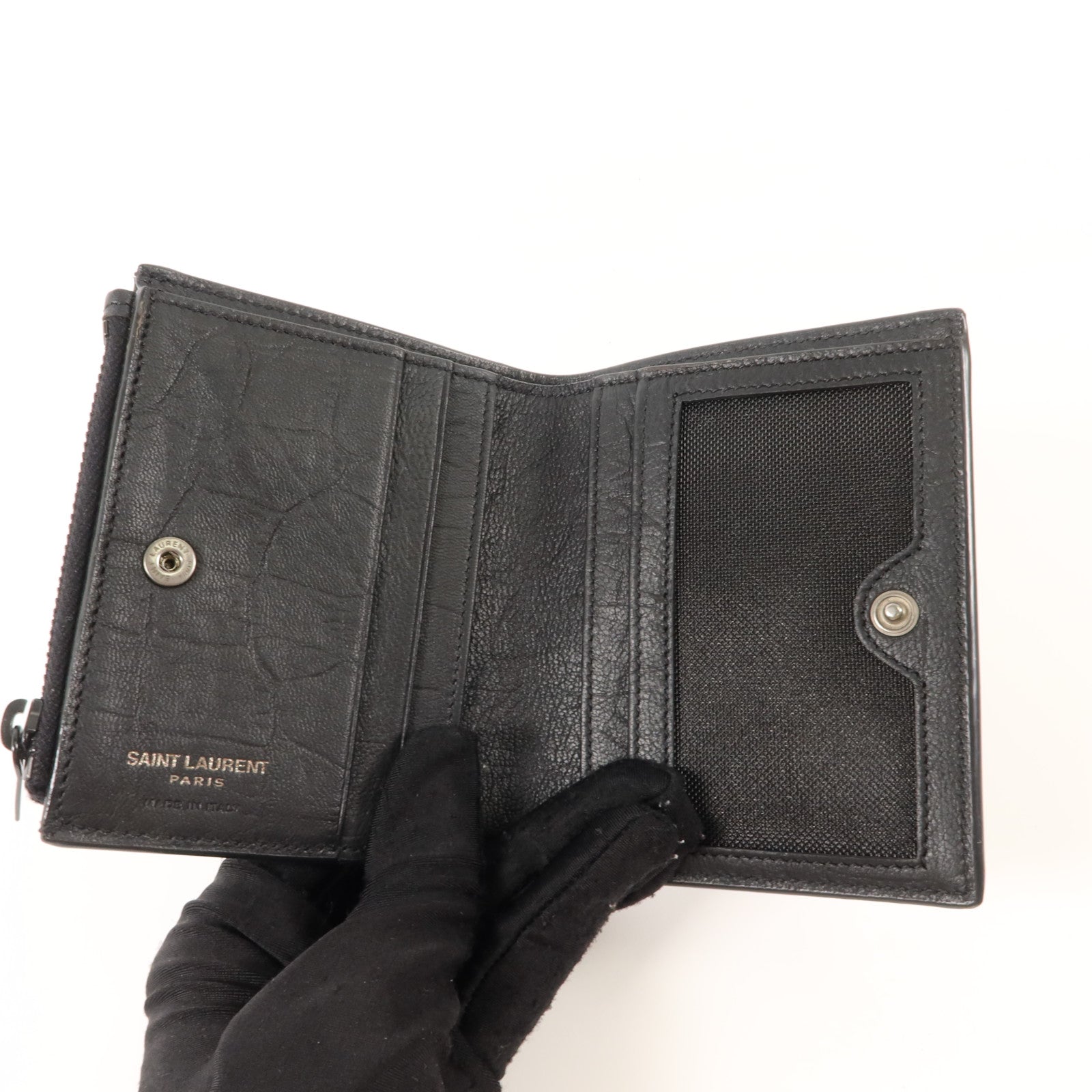 SAINT LAURENT 牛皮皮革Cassandre Crocodile-Embossed Wallet錢包