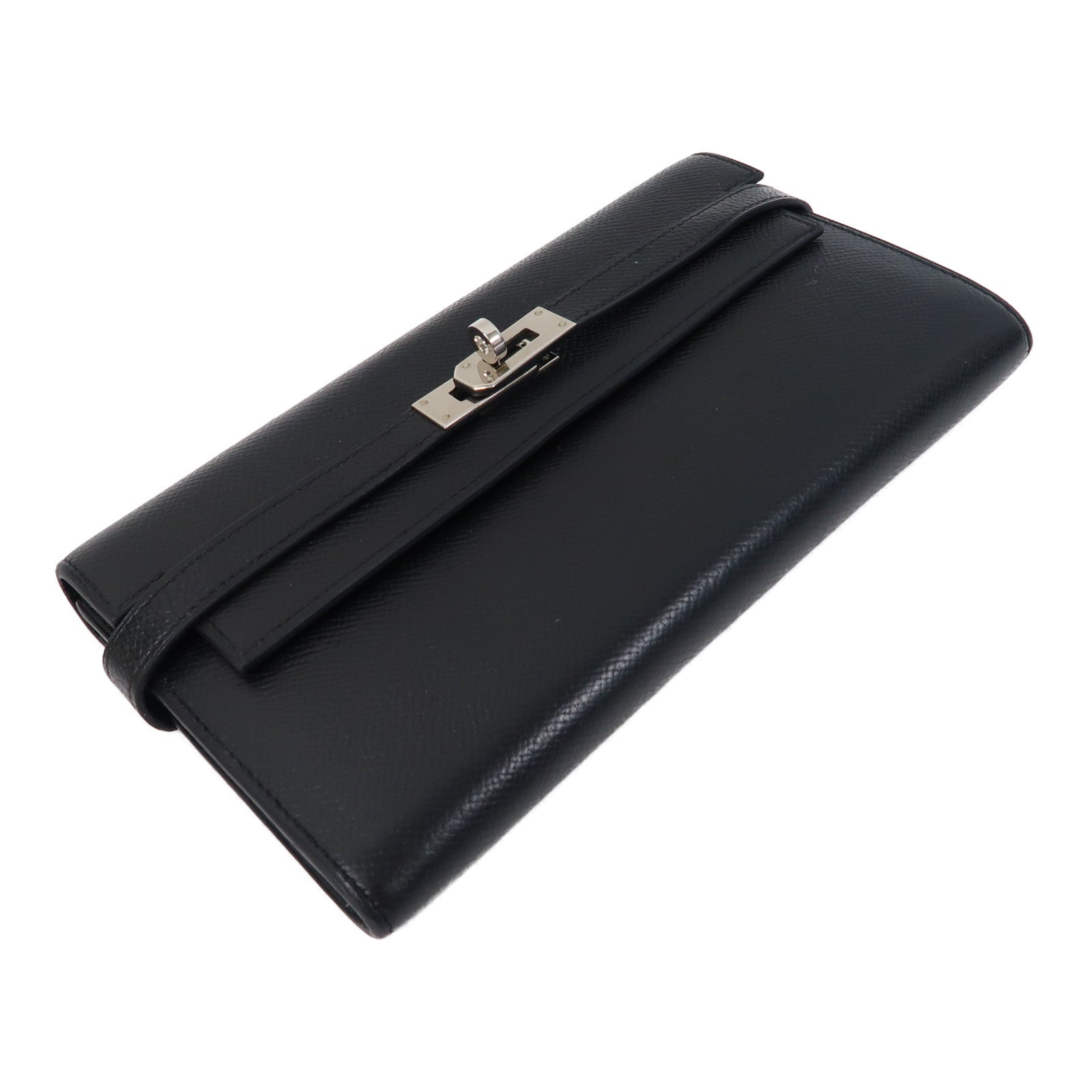 HERMES Epsom皮革Kelly Wallet銀扣長錢包Noir/黑色