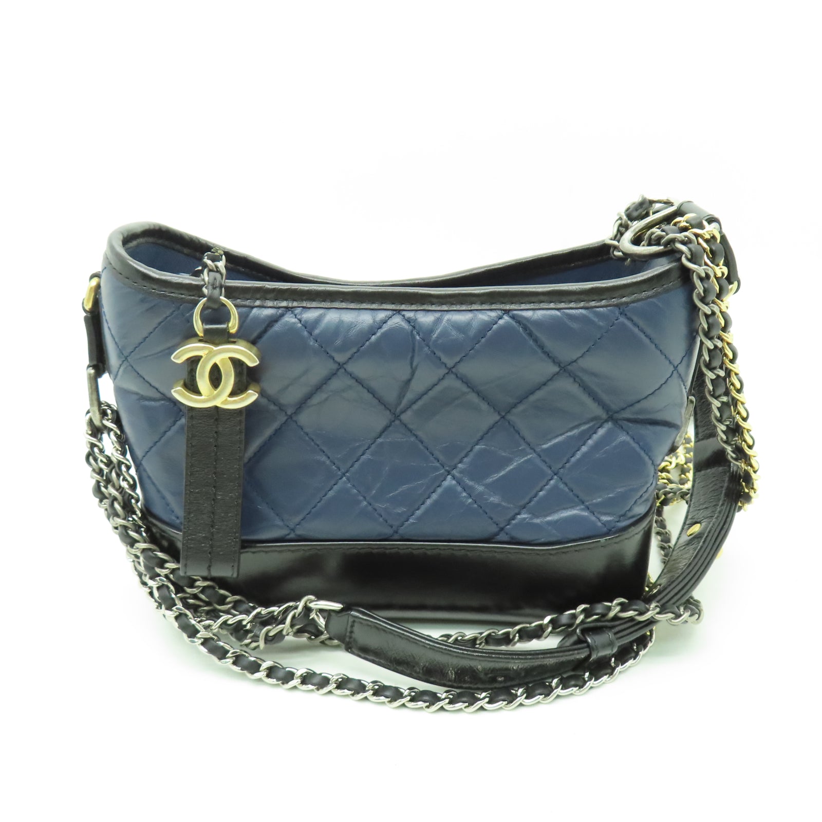 CHANEL 【清倉大減價】菱格牛皮皮革Gabrielle Small金銀扣鏈帶肩背袋海軍藍色