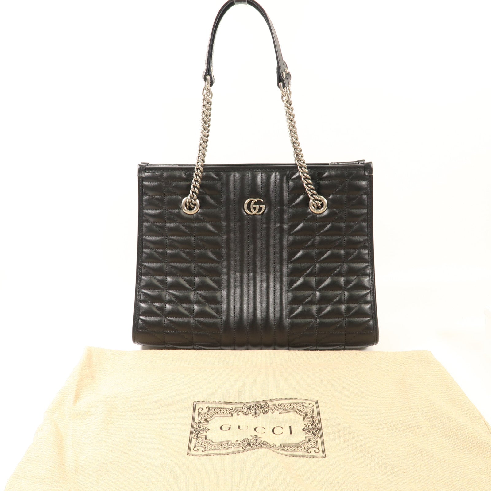 GUCCI 【激減優惠】牛皮皮革GG Marmont Tote Bag銀扣鏈帶手挽袋