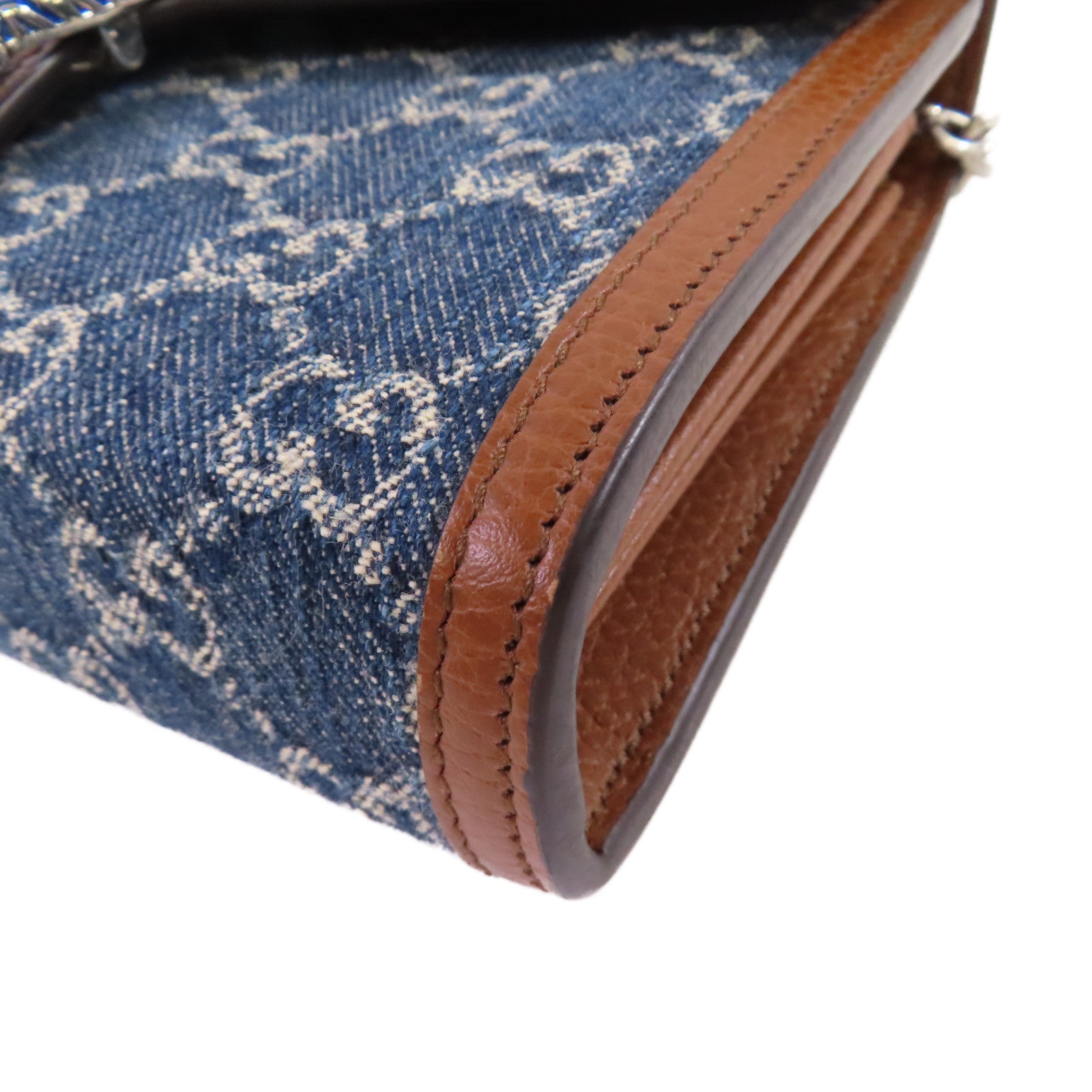 GUCCI 牛仔布/牛皮皮革Dionysus GG Shoulder Bag銀扣鏈帶肩背袋藍色/啡色